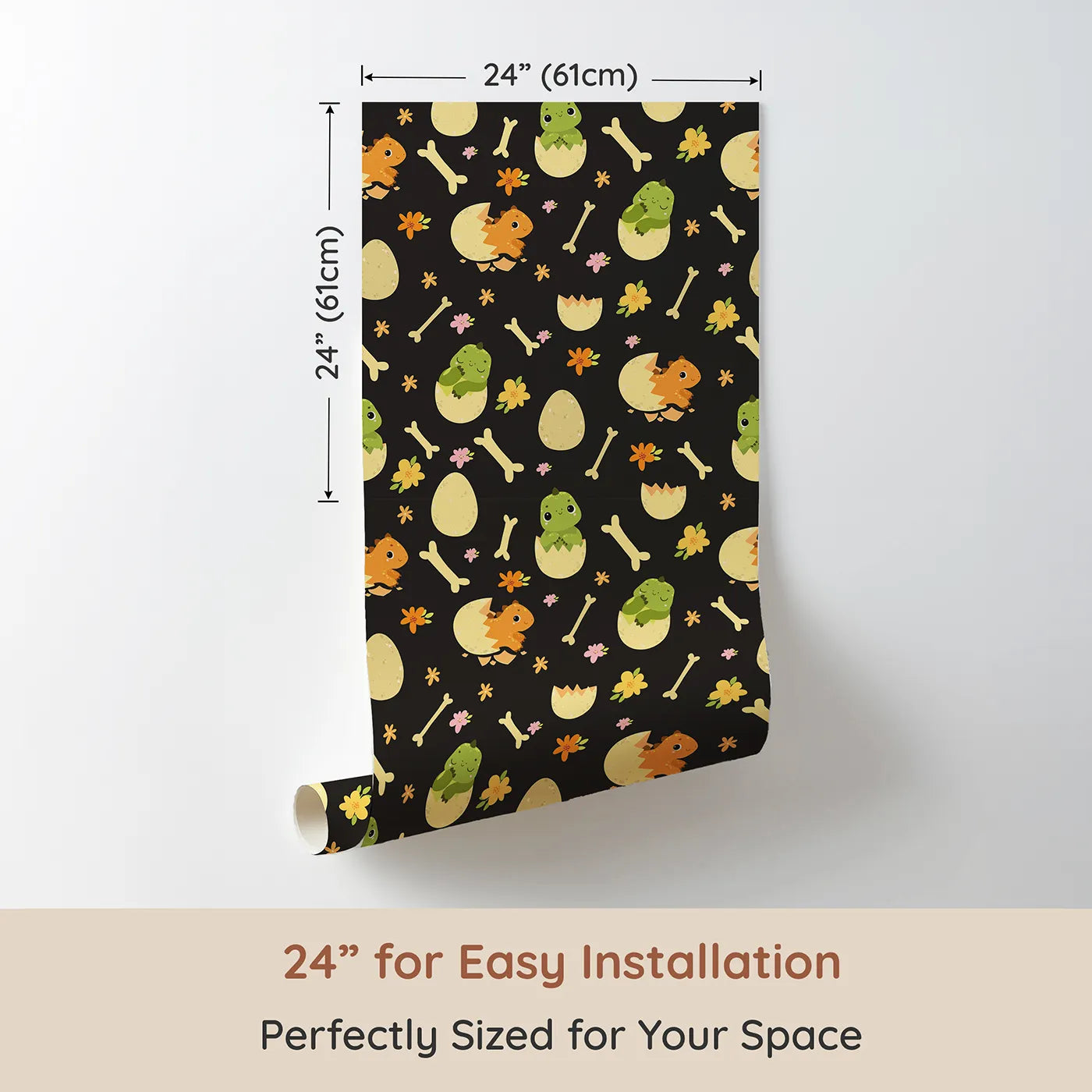 Dimension view of Whimsy Tots Hatchling Dino Parade Wallpaper in Charcoal Twilight Gray (W3117E). Printed in 24-inch-wide panel for easy installation. Playful dinos and blooming bones glow against soft black.