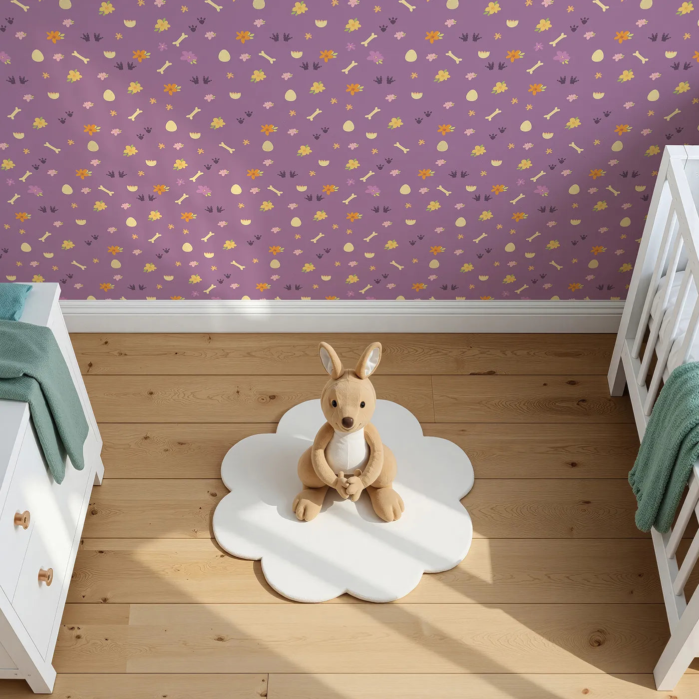 Top-Down view of Whimsy Tots' Dino Hatch Trail Wallpaper in Berry Bloom (W3118A).Scattered bones and dino prints tell a berry-colored story.
