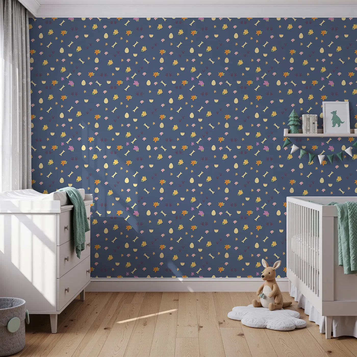Front view of Whimsy Tots' Dino Hatch Trail Wallpaper in Dusty Denim