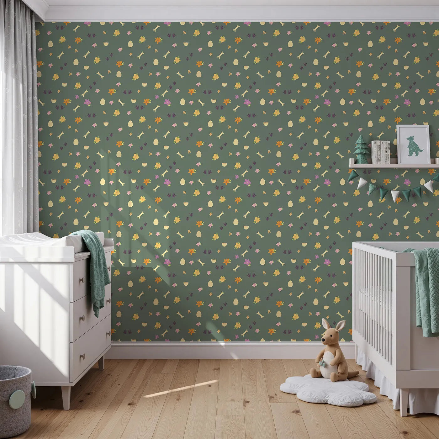 Front view of Whimsy Tots' Dino Hatch Trail Wallpaper in Forest Fern Green