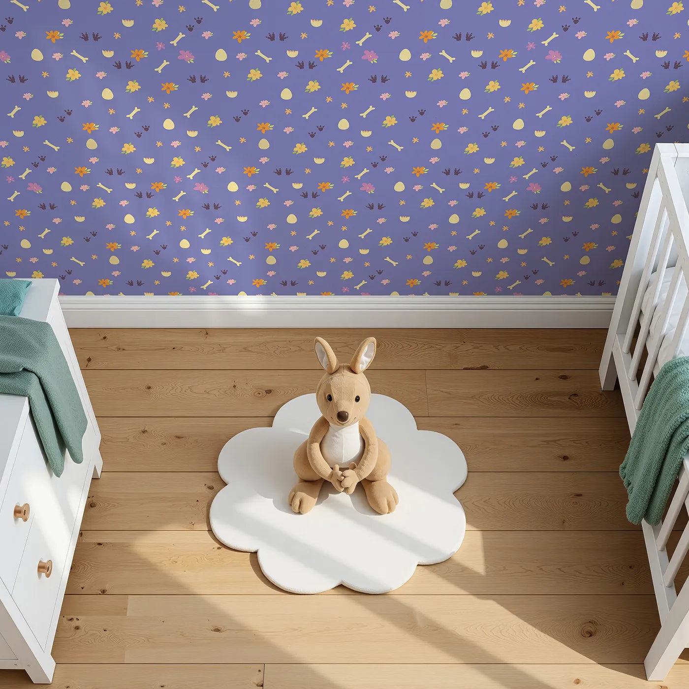 Top-Down view of Whimsy Tots' Dino Hatch Trail Wallpaper in Lilac Sky Lavender (W3118D).Pastel paw prints and bones bloom across a lilac field.