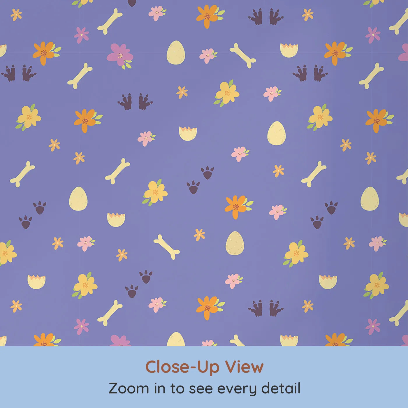 Close-up view of Whimsy Tots' Dino Hatch Trail Wallpaper in Lilac Sky Lavender (W3118D).Pastel paw prints and bones bloom across a lilac field.