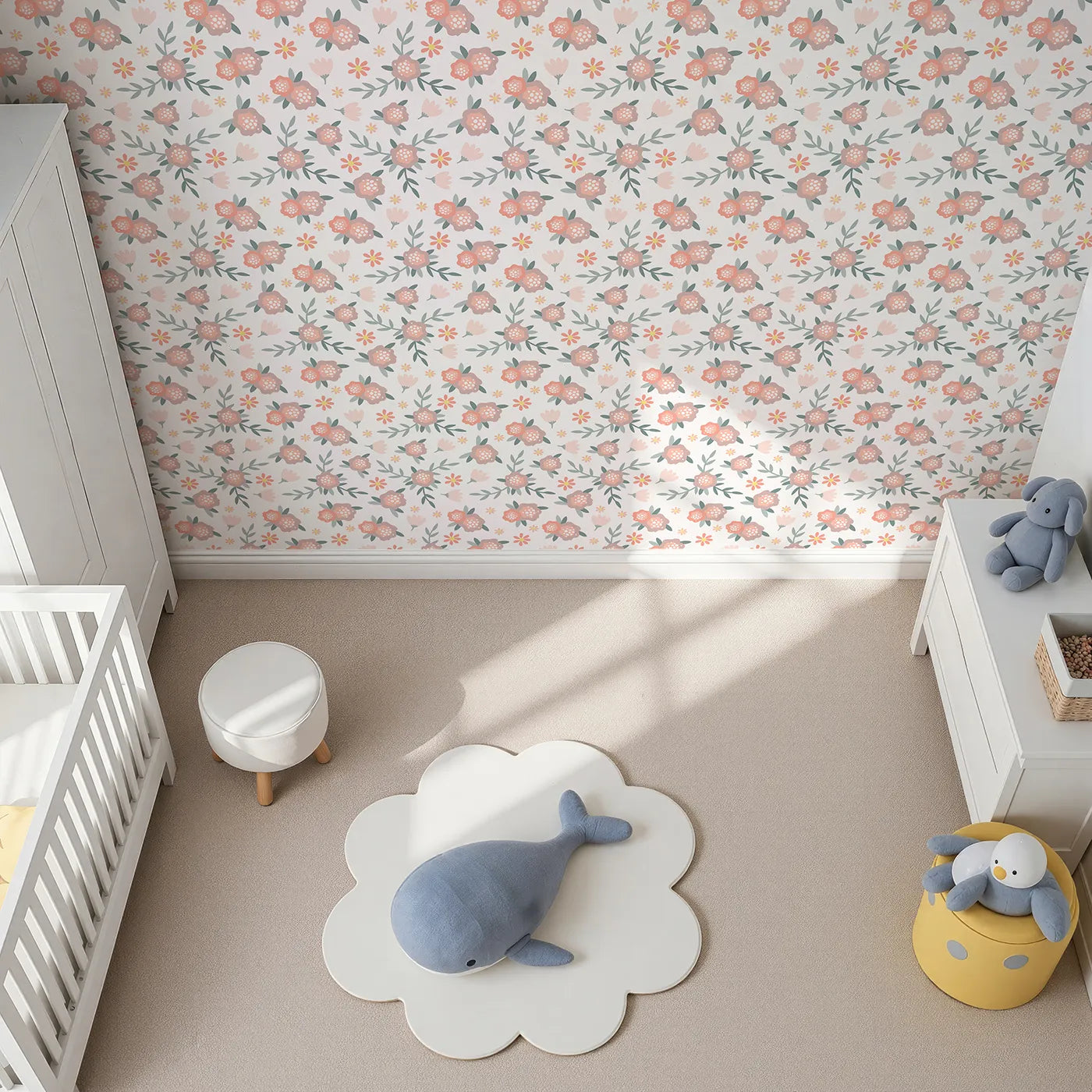 Top-Down view of Whimsy Tots' Whispering Peony Garden Wallpaper in Petal White (W3119A).Blushing peonies and leafy sprigs flutter across a calm white canvas.