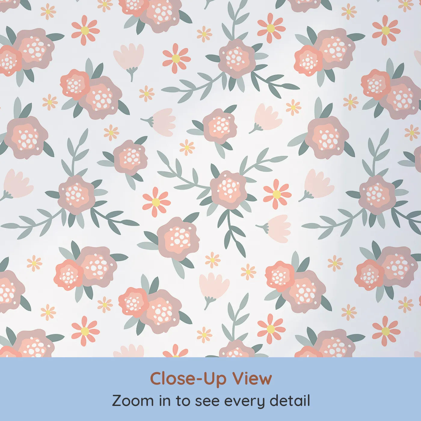 Close-up view of Whimsy Tots' Whispering Peony Garden Wallpaper in Petal White (W3119A).Blushing peonies and leafy sprigs flutter across a calm white canvas.