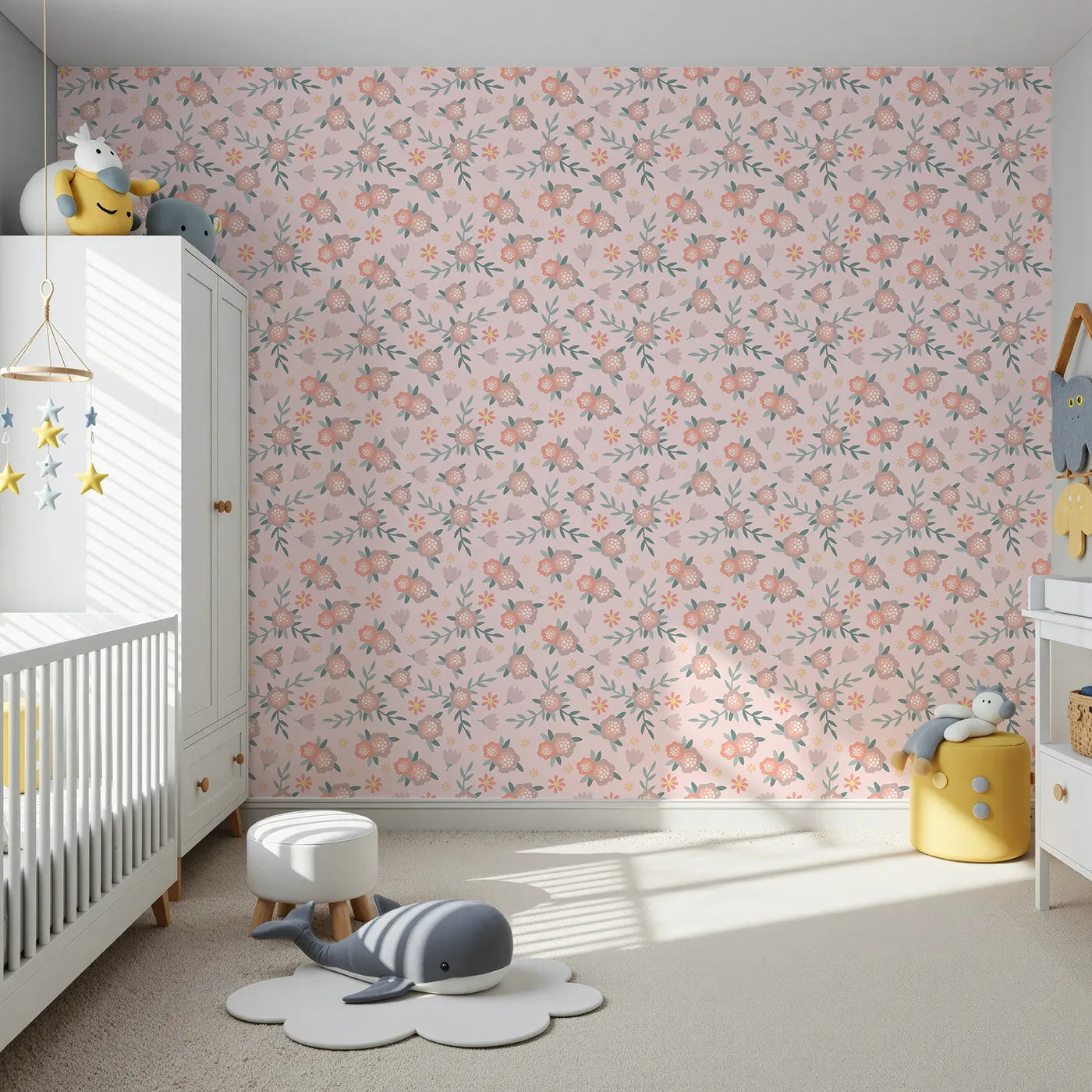 Front view of Whimsy Tots' Whispering Peony Garden Wallpaper in Blush Kiss Pink