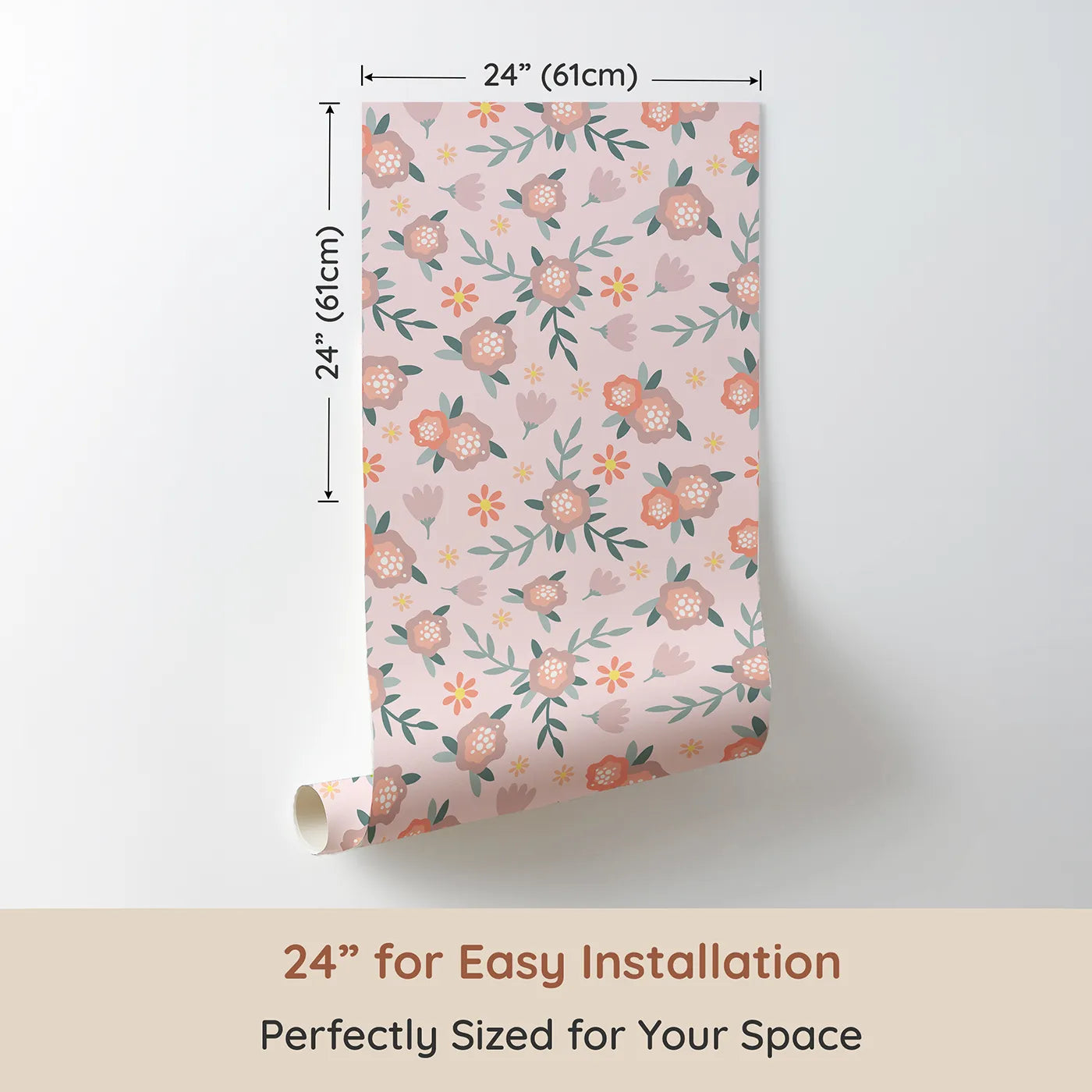 Dimension view of Whimsy Tots Whispering Peony Garden Wallpaper in Blush Kiss Pink (W3119B). Printed in 24-inch-wide panel for easy installation. Peony petals and dainty daisies sway over a soft pink embrace.