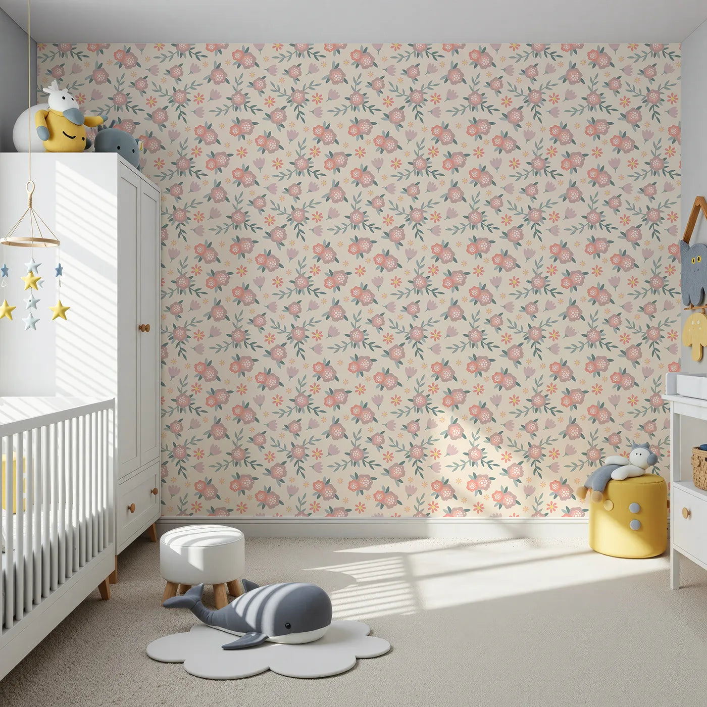 Front view of Whimsy Tots' Whispering Peony Garden Wallpaper in Cream Bloom