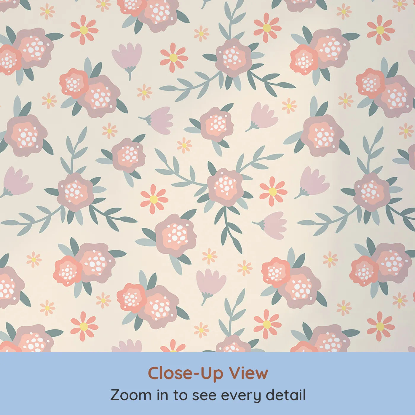 Close-up view of Whimsy Tots' Whispering Peony Garden Wallpaper in Cream Bloom (W3119C).Peonies and petals sway gently across a warm cream field.