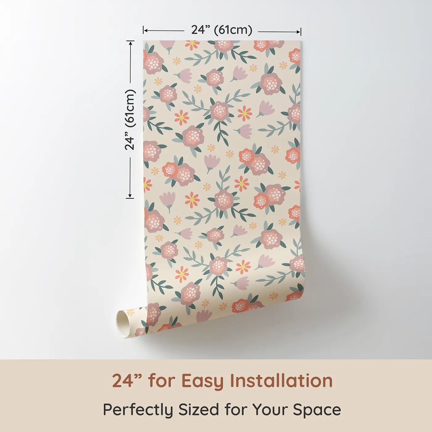 Dimension view of Whimsy Tots Whispering Peony Garden Wallpaper in Cream Bloom (W3119C). Printed in 24-inch-wide panel for easy installation. Peonies and petals sway gently across a warm cream field.