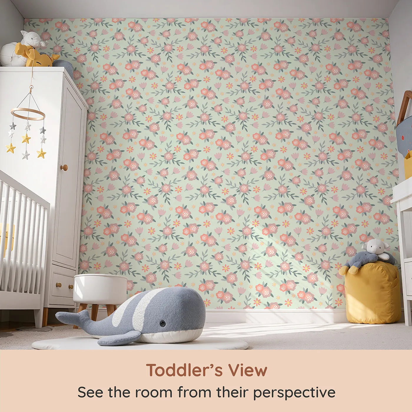Whimsy Tots Whispering Peony Garden Wallpaper in Mint Petal Green (W3119D) from your child's view.Peonies and greenery breathe softly across a minty breeze.