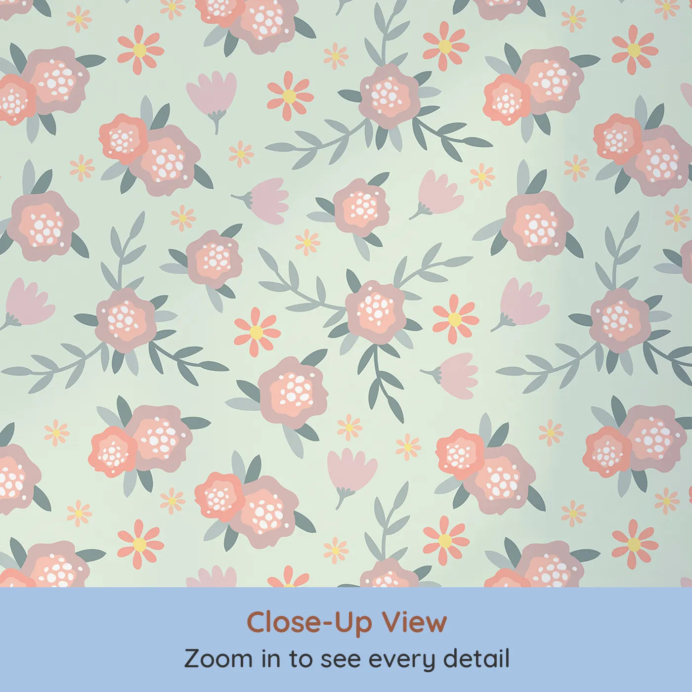 Close-up view of Whimsy Tots' Whispering Peony Garden Wallpaper in Mint Petal Green (W3119D).Peonies and greenery breathe softly across a minty breeze.