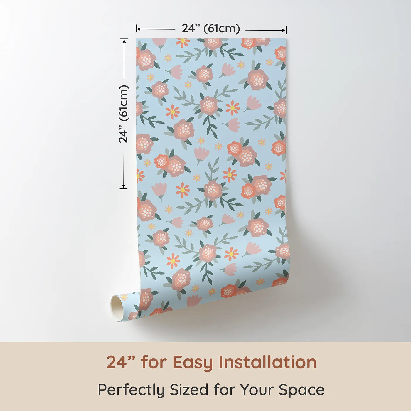 Dimension view of Whimsy Tots Whispering Peony Garden Wallpaper in Sky Blossom (W3119E). Printed in 24-inch-wide panel for easy installation. Peonies and petals drift gently across a soft blue sky.