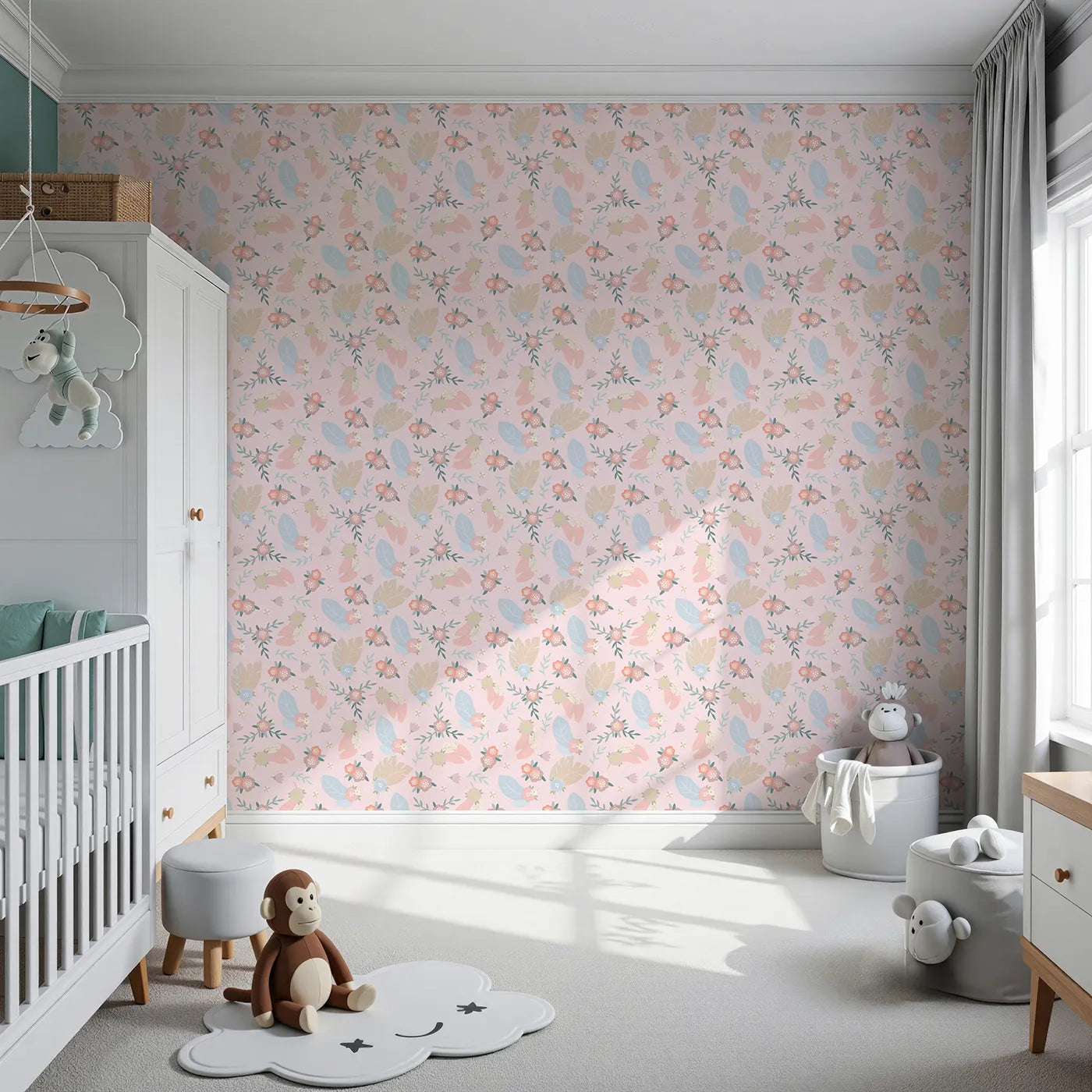 Front view of Whimsy Tots' Floating Botanical Whispers Wallpaper in Blush Bloom Pink