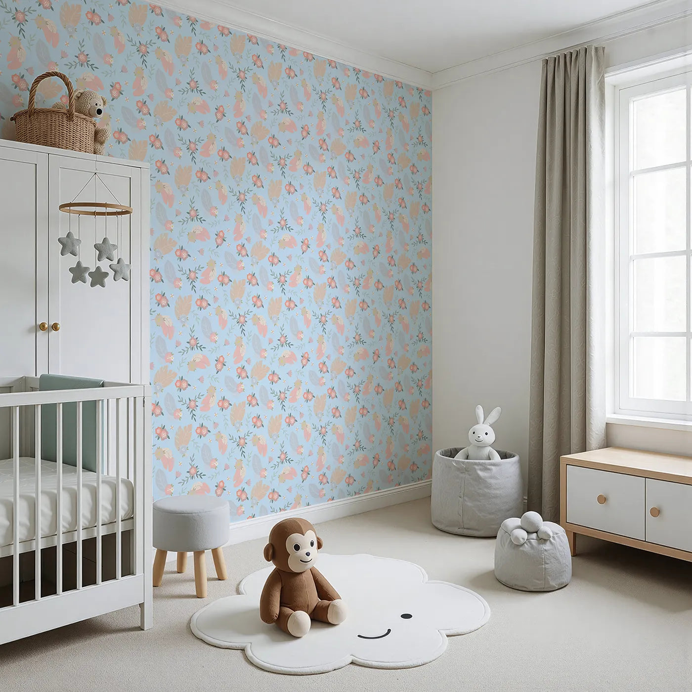 Angled view of Whimsy Tots' Floating Botanical Whispers Wallpaper in Morning Sky (W3120E).Airy petals and feathers float gently on a clear blue morning.
