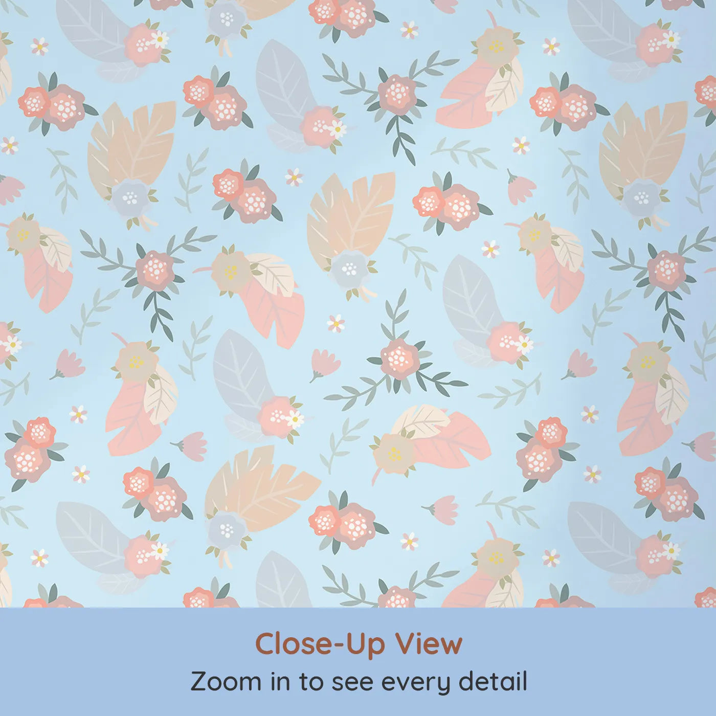 Close-up view of Whimsy Tots' Floating Botanical Whispers Wallpaper in Morning Sky (W3120E).Airy petals and feathers float gently on a clear blue morning.