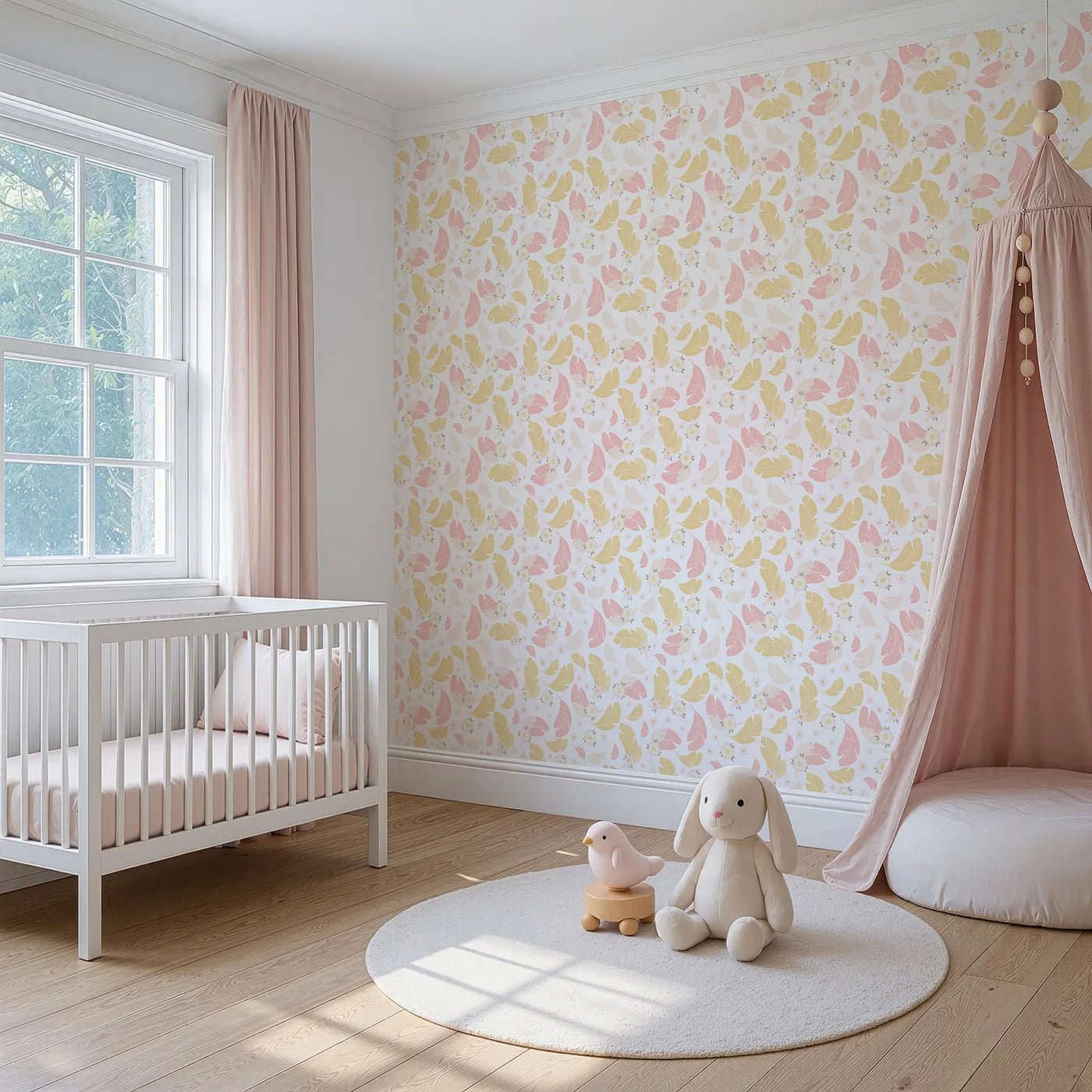 Angled view of Whimsy Tots' Floral Feather Drift Wallpaper in Petal White (W3121A).Gentle florals and pastel feathers swirl through every day with calming charm.