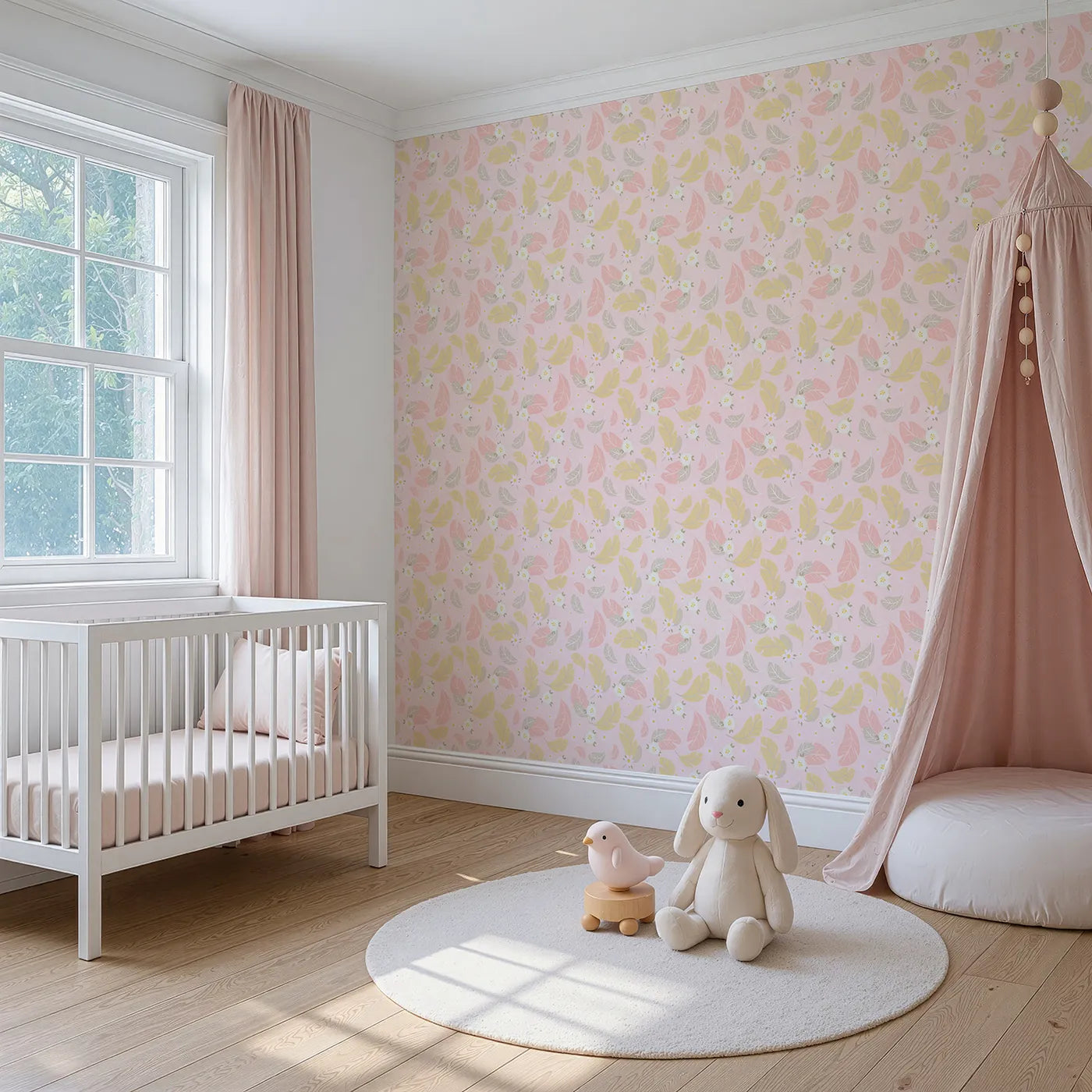 Angled view of Whimsy Tots' Floral Feather Drift Wallpaper in Blush Bloom Pink (W3121B).Floating florals and soft feathers create a soothing, blooming retreat.