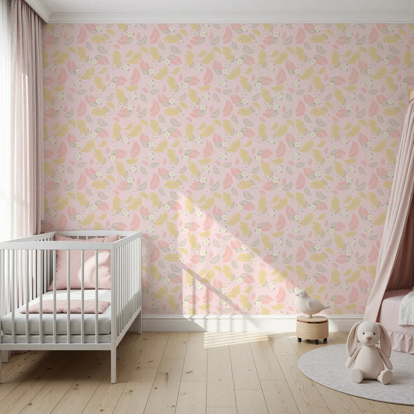 Front view of Whimsy Tots' Floral Feather Drift Wallpaper in Blush Bloom Pink