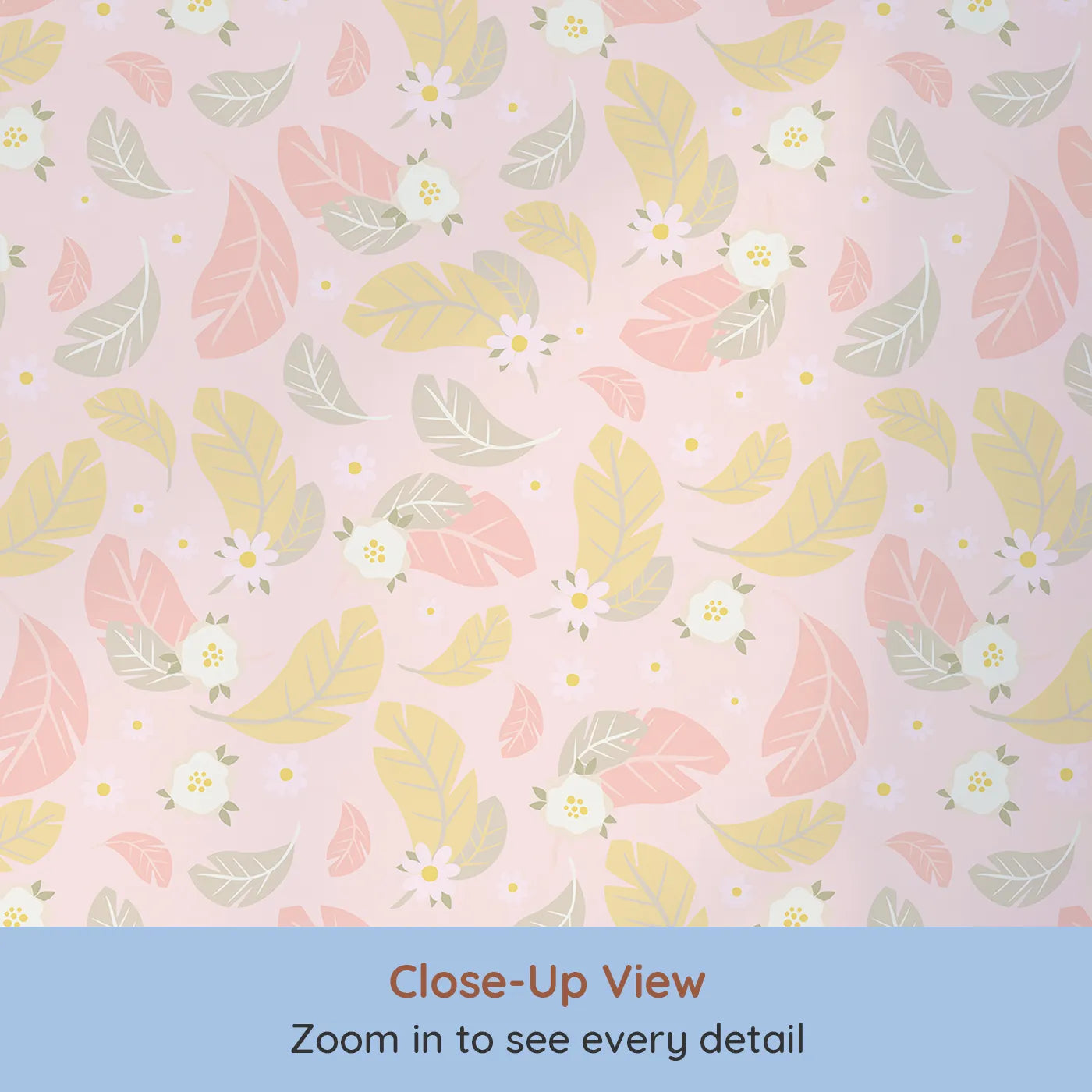 Close-up view of Whimsy Tots' Floral Feather Drift Wallpaper in Blush Bloom Pink (W3121B).Floating florals and soft feathers create a soothing, blooming retreat.