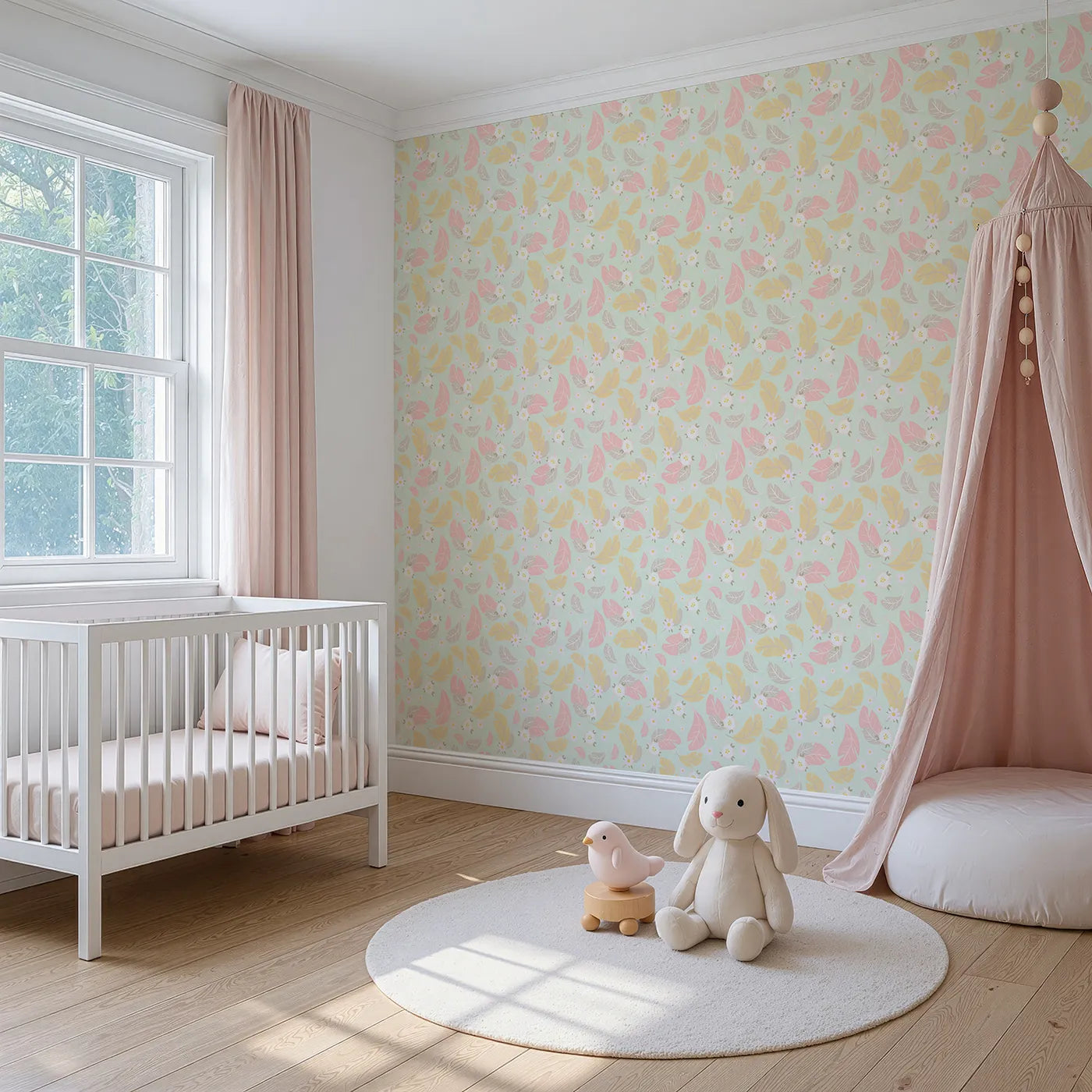 Angled view of Whimsy Tots' Floral Feather Drift Wallpaper in Mint Garden Green (W3121C).Pastel florals flutter across a gentle mint breeze.