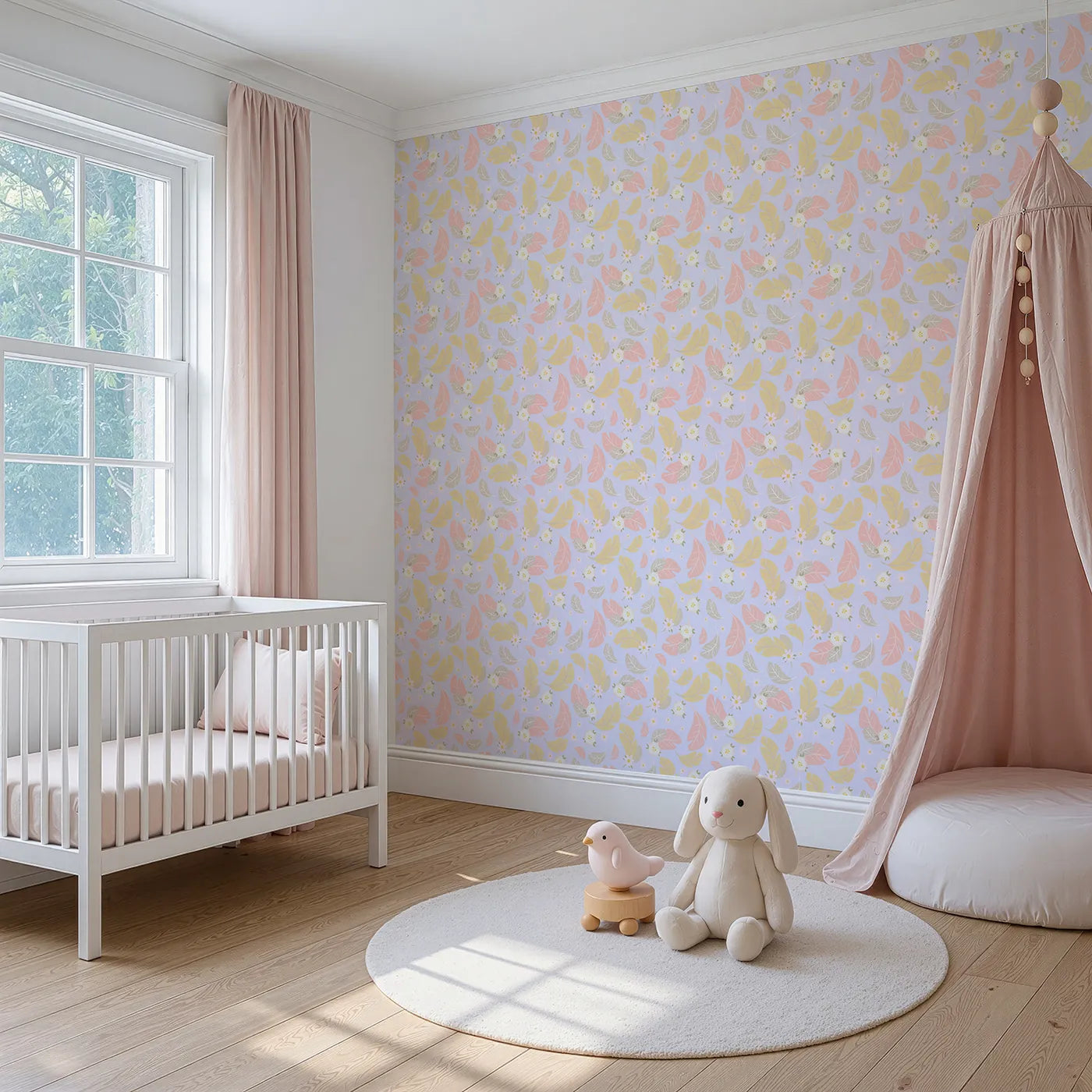 Angled view of Whimsy Tots' Floral Feather Drift Wallpaper in Lavender Mist (W3121E).Blushing petals and golden feathers float through soft lavender skies.