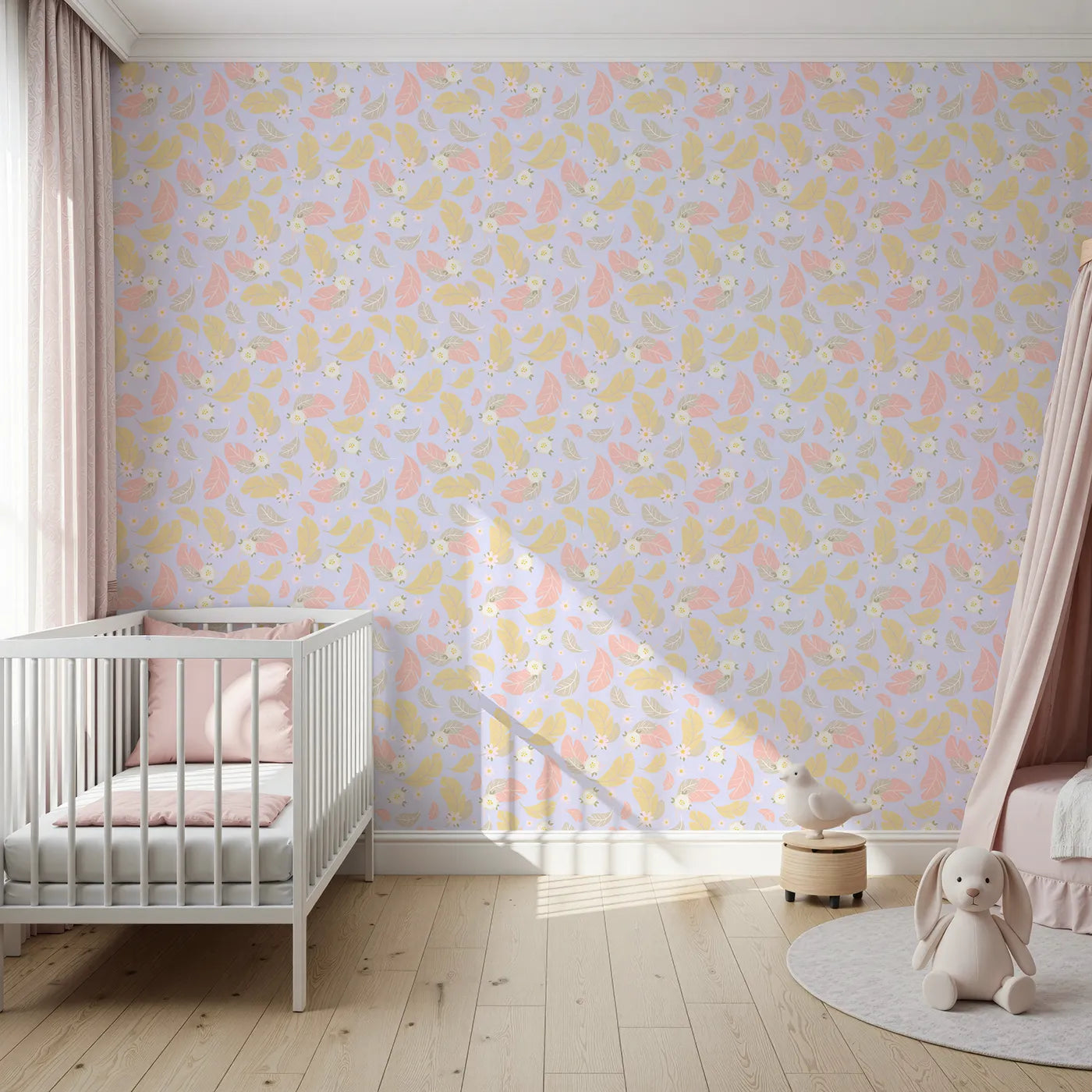 Front view of Whimsy Tots' Floral Feather Drift Wallpaper in Lavender Mist