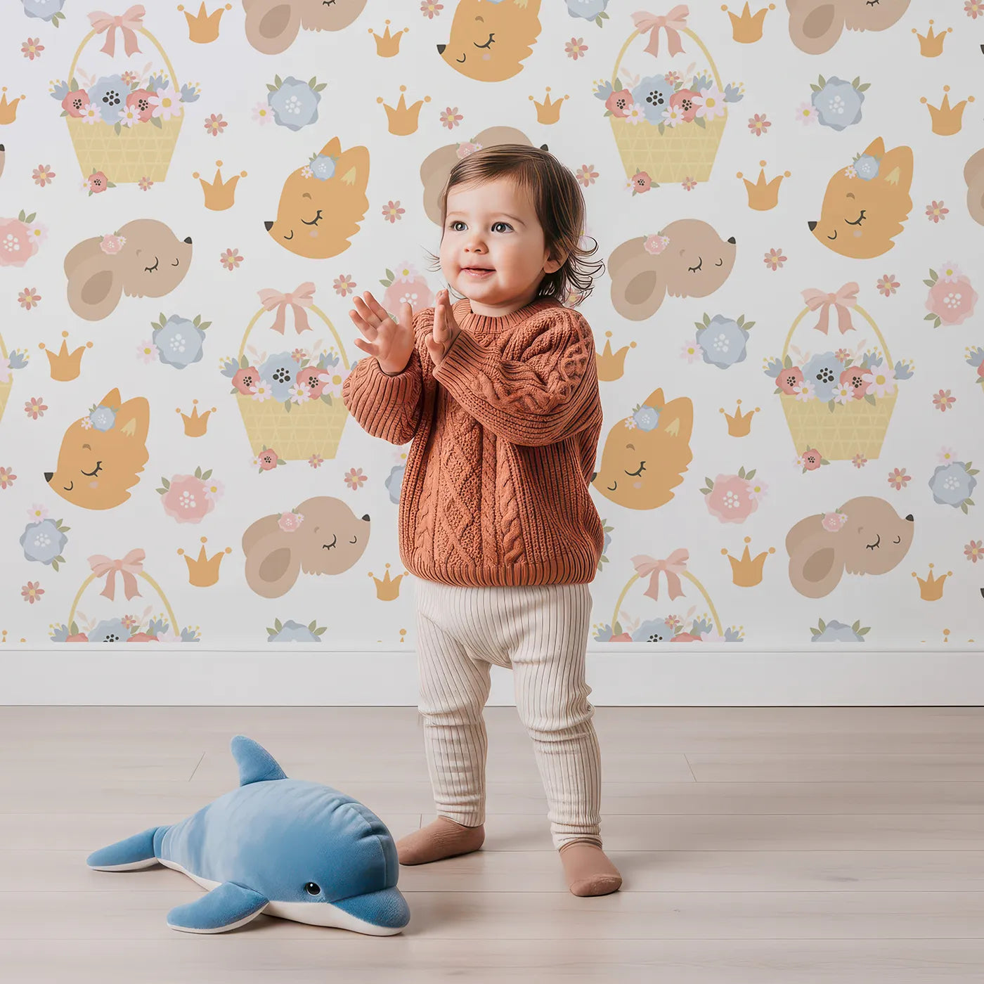 Lovely child standing in front of Whimsy Tots Blossom Basket Friends Wallpaper with fox, mouse, flower, basket, crown in design.