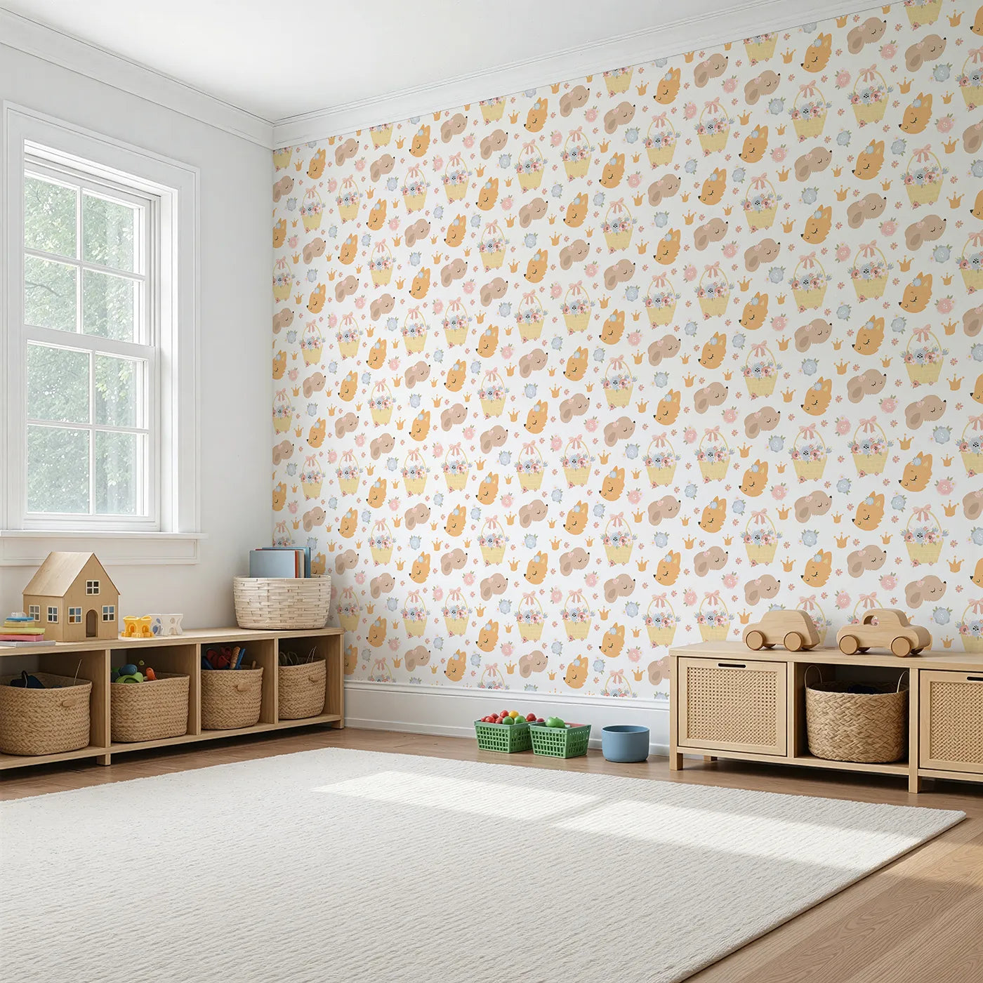 Angled view of Whimsy Tots' Blossom Basket Friends Wallpaper (W3122A).Charming woodland animals and pastel blooms bring cozy delight to their day.