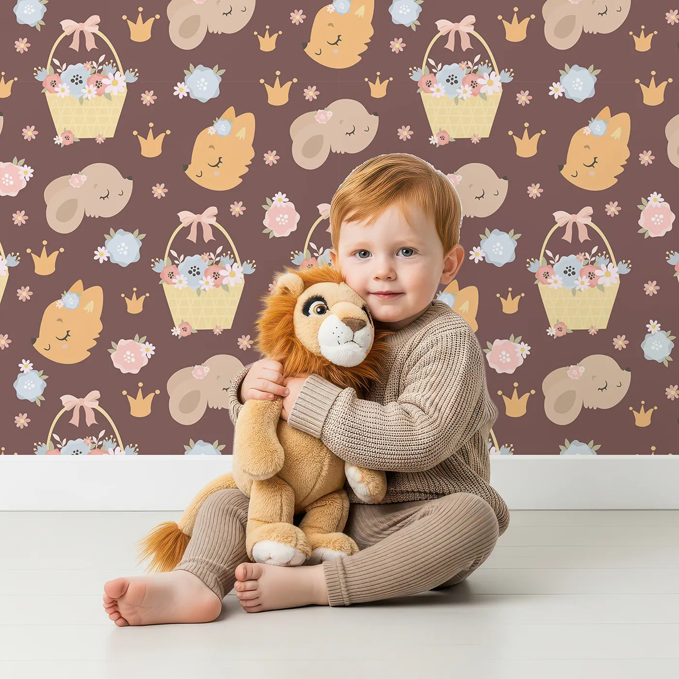 Lovely child standing in front of Whimsy Tots Blossom Basket Friends Wallpaper in Cocoa Blush Brown with fox, mouse, flower, basket, crown in design.