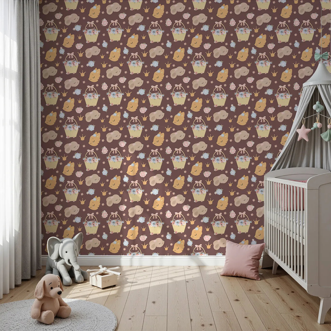 Front view of Whimsy Tots' Blossom Basket Friends Wallpaper in Cocoa Blush Brown