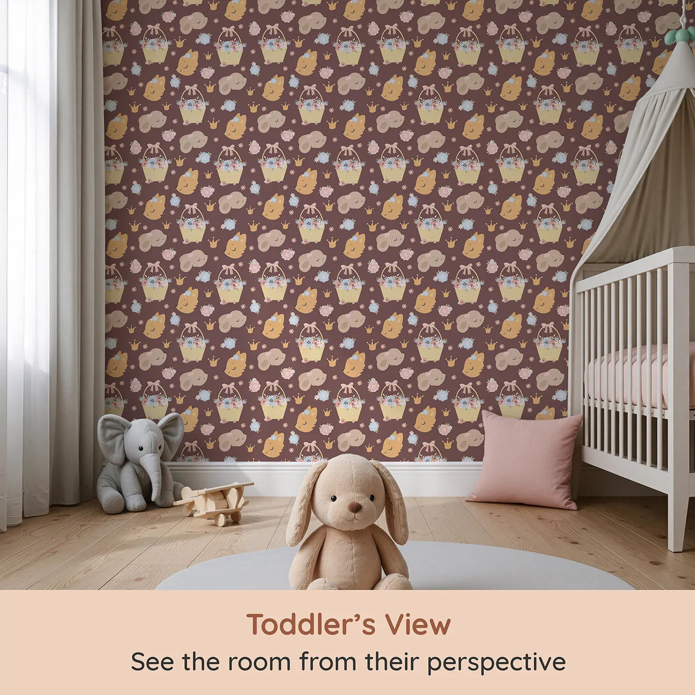 Whimsy Tots Blossom Basket Friends Wallpaper in Cocoa Blush Brown (W3122B) from your child's view.Warm cocoa tones and sleepy forest friends create a snug storybook dream.