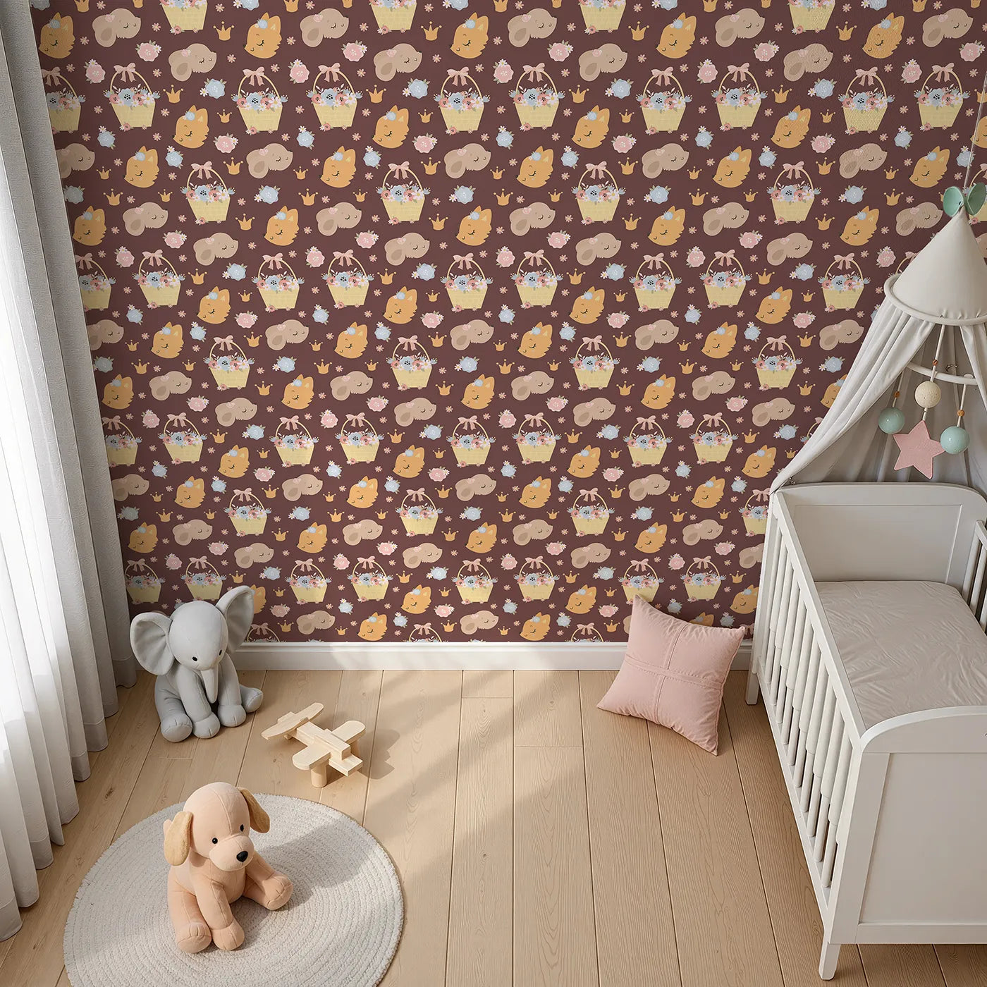Top-Down view of Whimsy Tots' Blossom Basket Friends Wallpaper in Cocoa Blush Brown (W3122B).Warm cocoa tones and sleepy forest friends create a snug storybook dream.