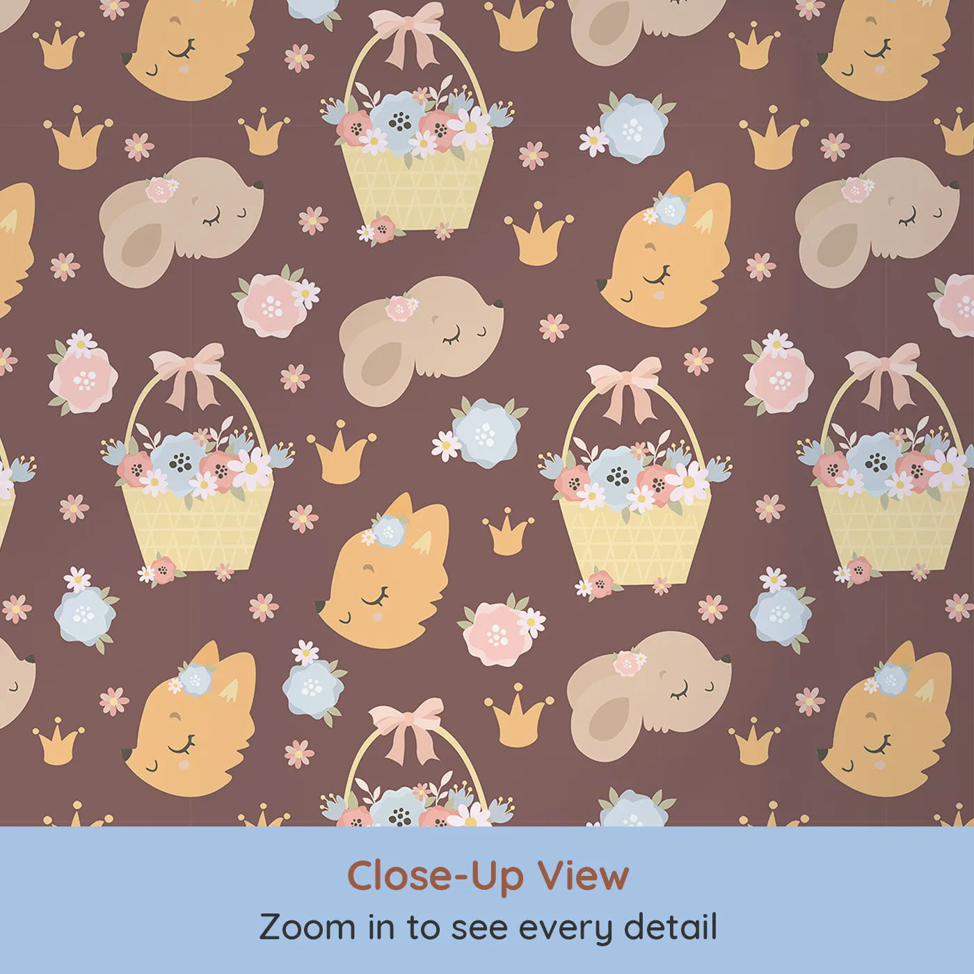 Close-up view of Whimsy Tots' Blossom Basket Friends Wallpaper in Cocoa Blush Brown (W3122B).Warm cocoa tones and sleepy forest friends create a snug storybook dream.