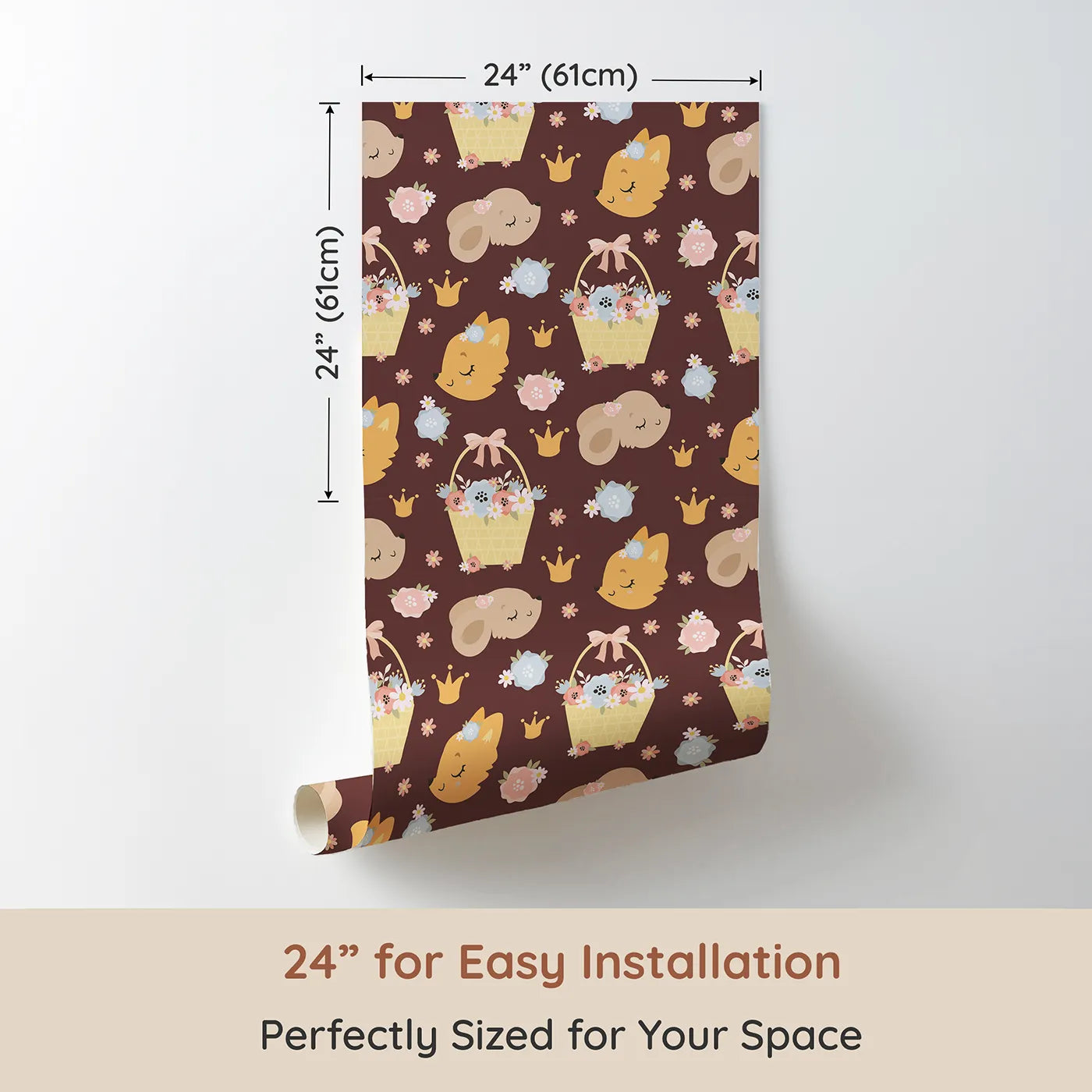 Dimension view of Whimsy Tots Blossom Basket Friends Wallpaper in Cocoa Blush Brown (W3122B). Printed in 24-inch-wide panel for easy installation. Warm cocoa tones and sleepy forest friends create a snug storybook dream.