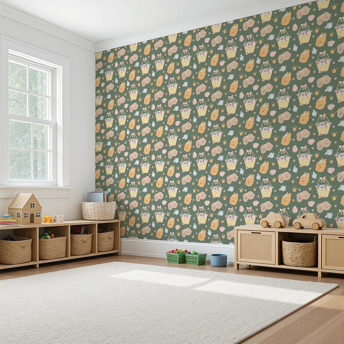 Angled view of Whimsy Tots' Blossom Basket Friends Wallpaper in Forest Meadow Green (W3122C).Sweet forest creatures and pastel blooms cozy up on deep green fields.