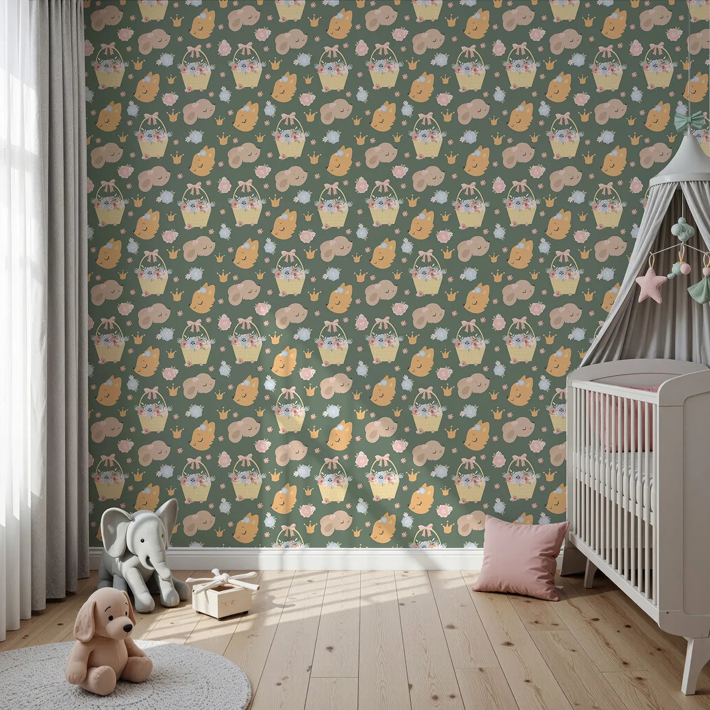 Front view of Whimsy Tots' Blossom Basket Friends Wallpaper in Forest Meadow Green