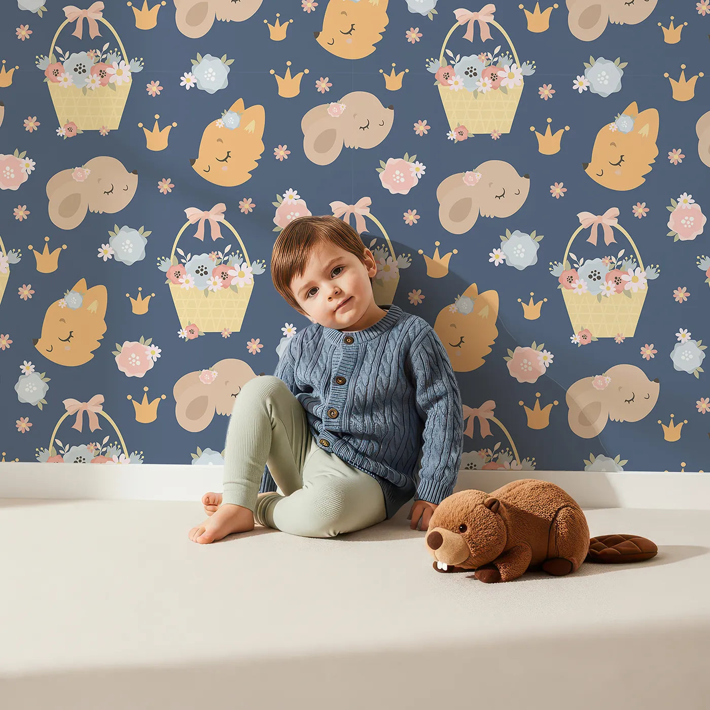 Lovely child standing in front of Whimsy Tots Blossom Basket Friends Wallpaper in Twilight Blue with fox, mouse, flower, basket, crown in design.