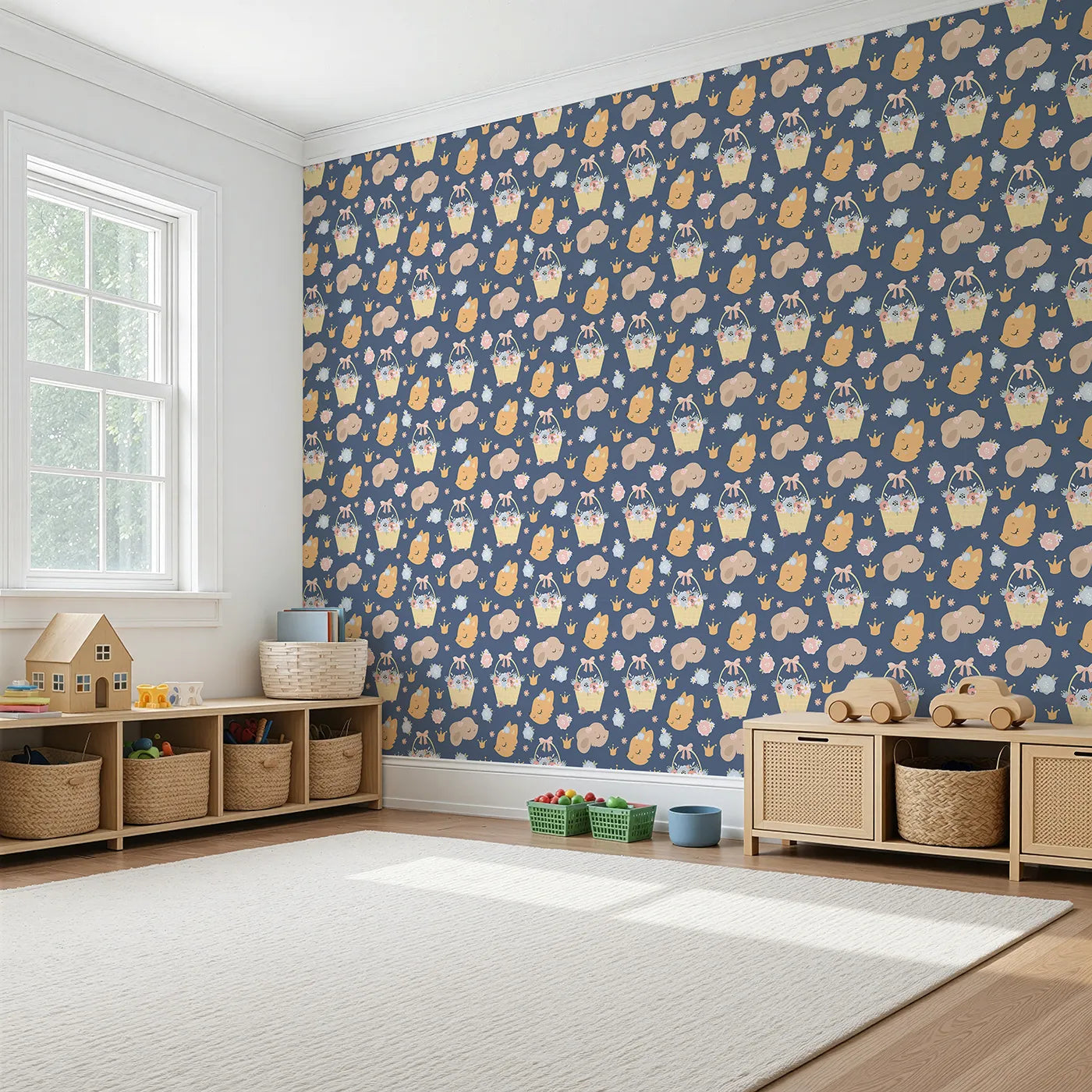 Angled view of Whimsy Tots' Blossom Basket Friends Wallpaper in Twilight Blue (W3122D).Gentle forest friends and pastel blooms nestle under a twilight sky.