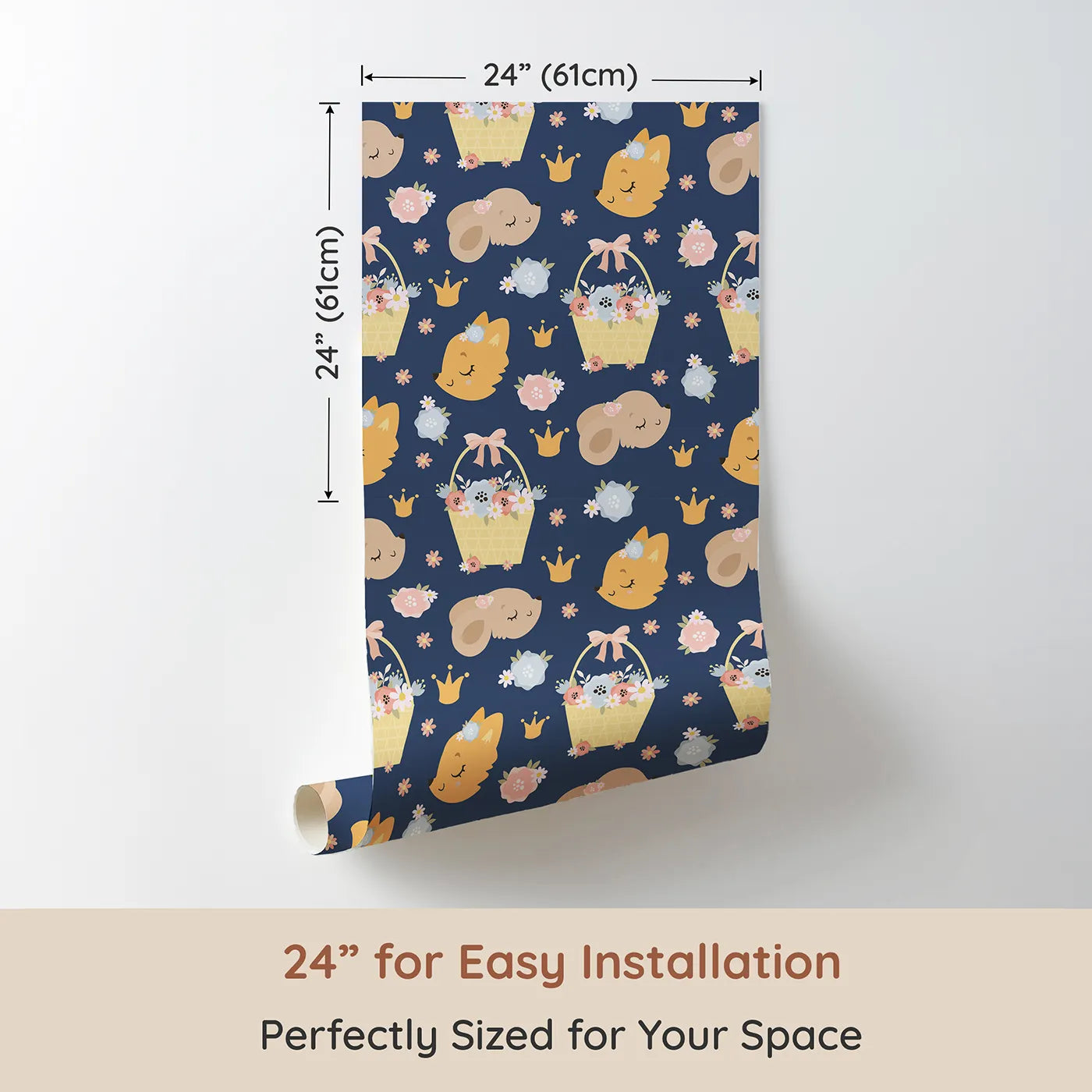 Dimension view of Whimsy Tots Blossom Basket Friends Wallpaper in Twilight Blue (W3122D). Printed in 24-inch-wide panel for easy installation. Gentle forest friends and pastel blooms nestle under a twilight sky.