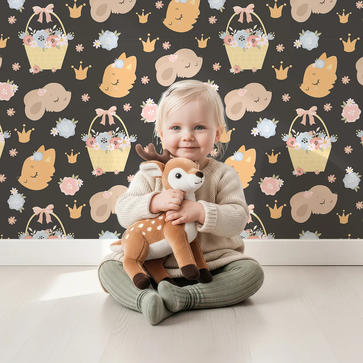 Lovely child standing in front of Whimsy Tots Blossom Basket Friends Wallpaper in Midnight Bloom with fox, mouse, flower, basket, crown in design.