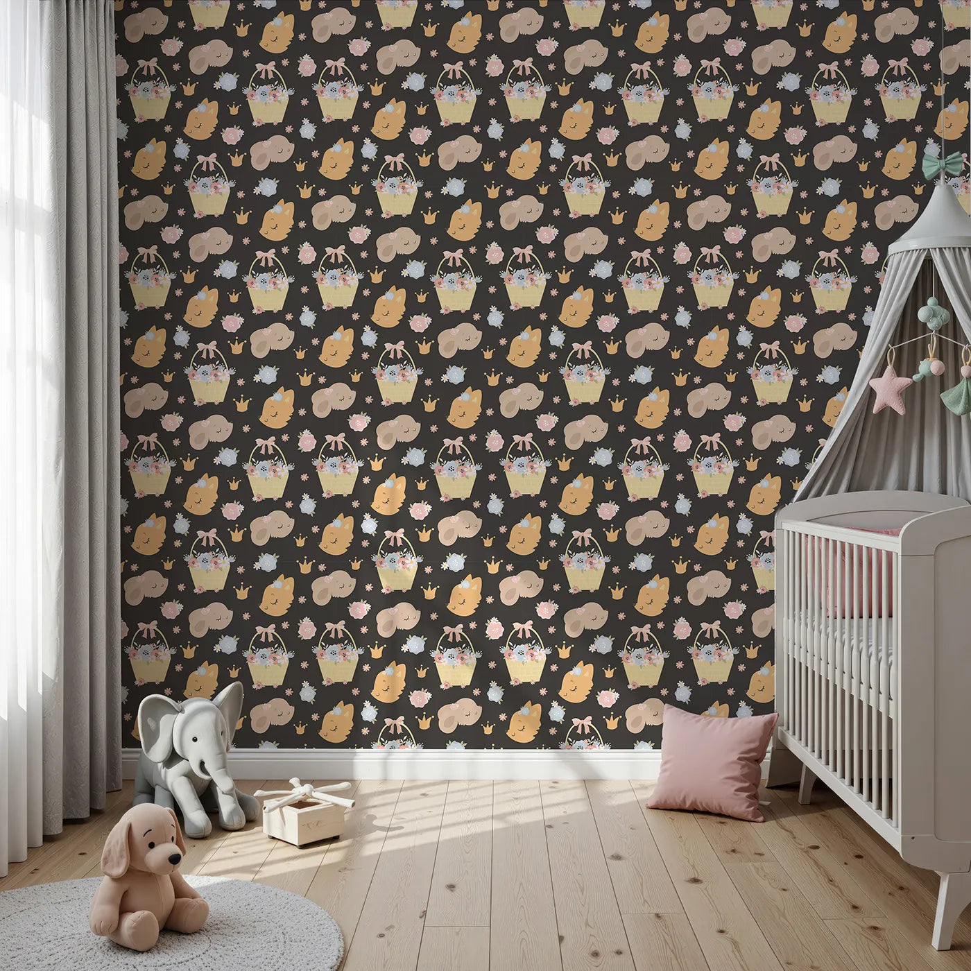 Front view of Whimsy Tots' Blossom Basket Friends Wallpaper in Midnight Bloom