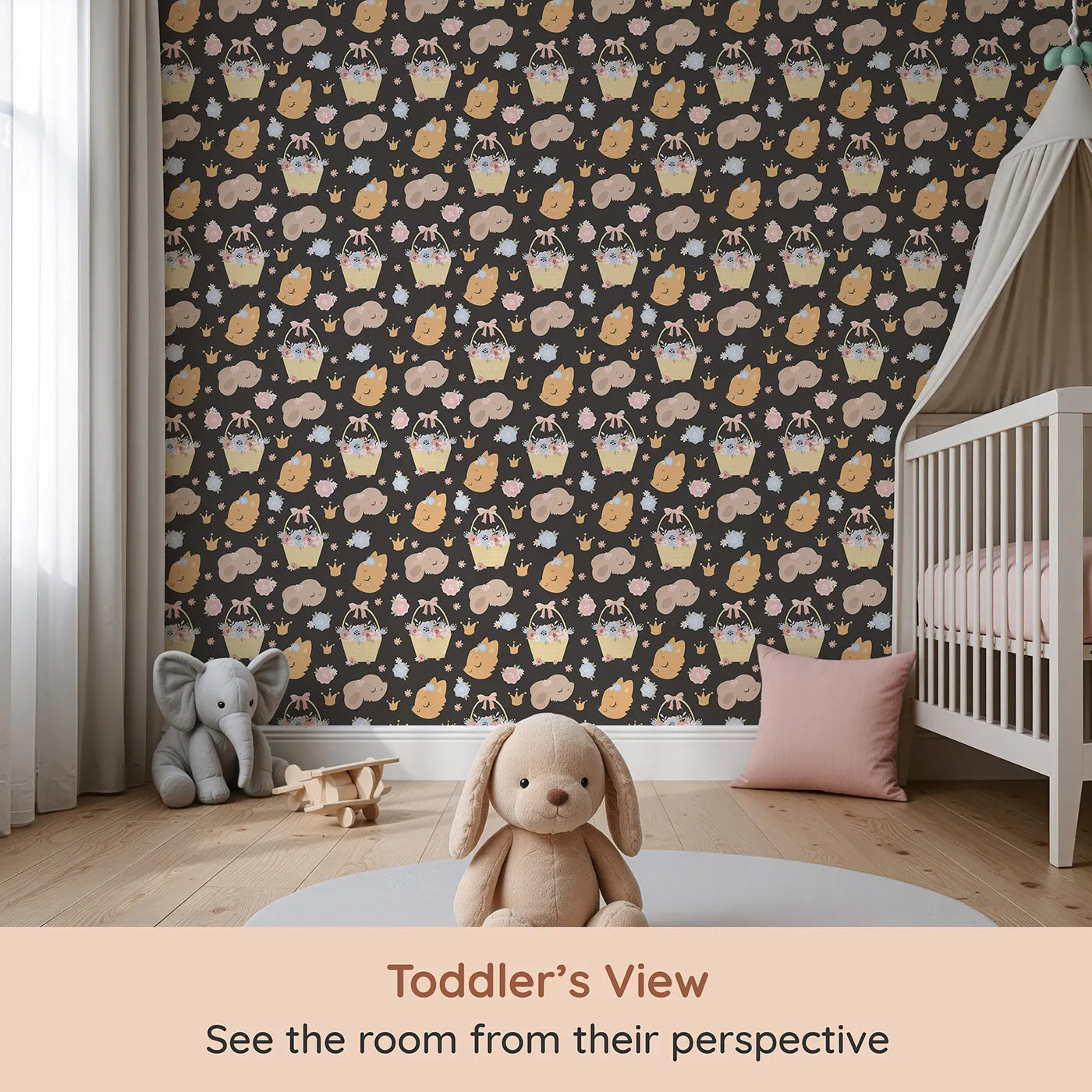 Whimsy Tots Blossom Basket Friends Wallpaper in Midnight Bloom (W3122E) from your child's view.Cuddly creatures and crown-topped florals glow against a midnight sky.