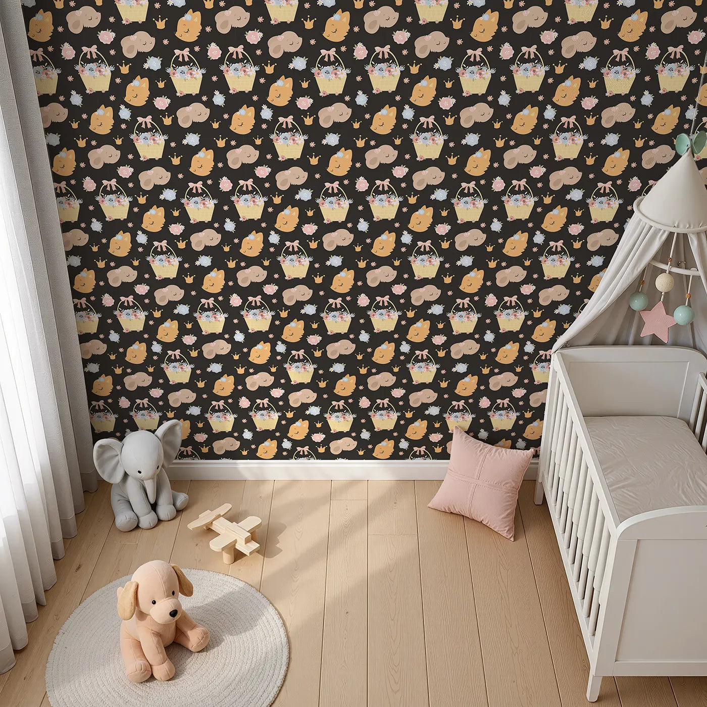 Top-Down view of Whimsy Tots' Blossom Basket Friends Wallpaper in Midnight Bloom (W3122E).Cuddly creatures and crown-topped florals glow against a midnight sky.