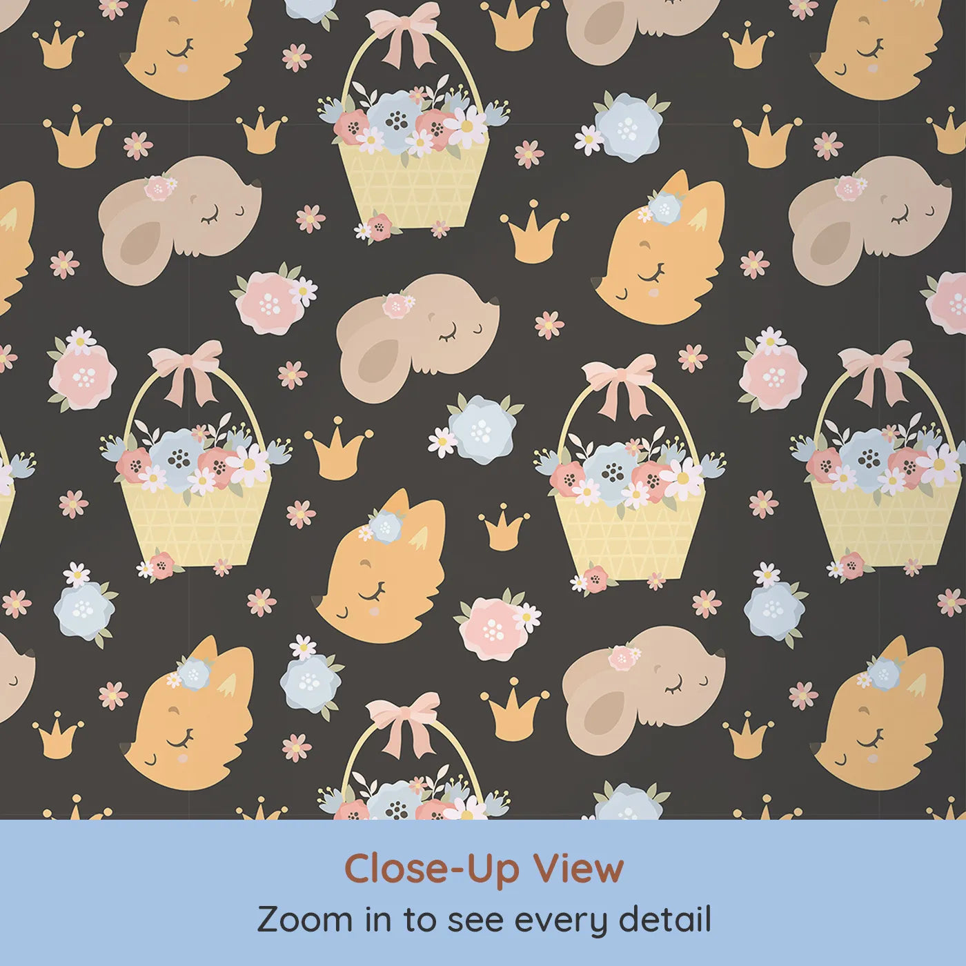 Close-up view of Whimsy Tots' Blossom Basket Friends Wallpaper in Midnight Bloom (W3122E).Cuddly creatures and crown-topped florals glow against a midnight sky.