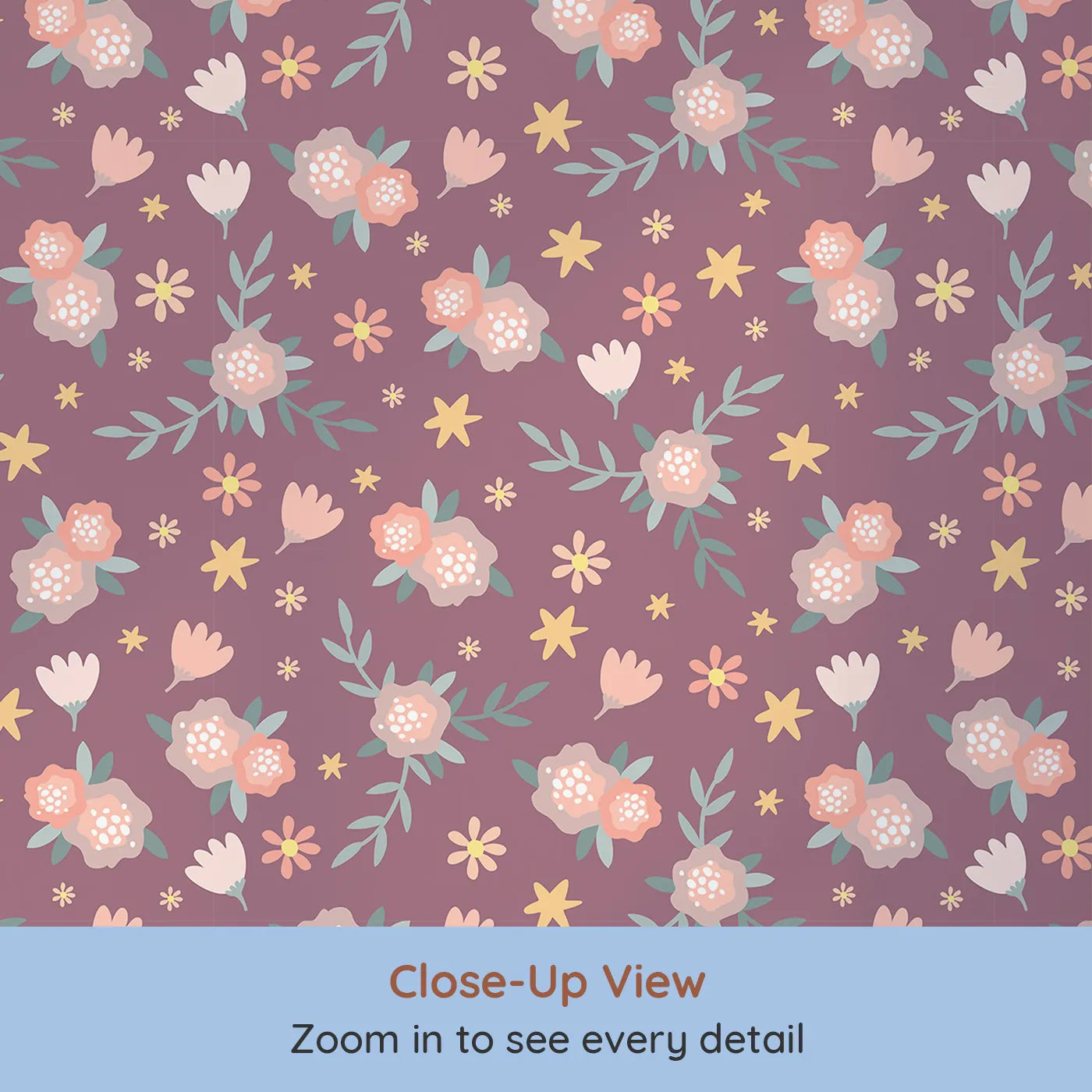 Close-up view of Whimsy Tots' Twilight Garden Whimsy Wallpaper in Plum Blush Pink (W3123A).Scattered stars and sweet florals bloom across a magical plum sky.