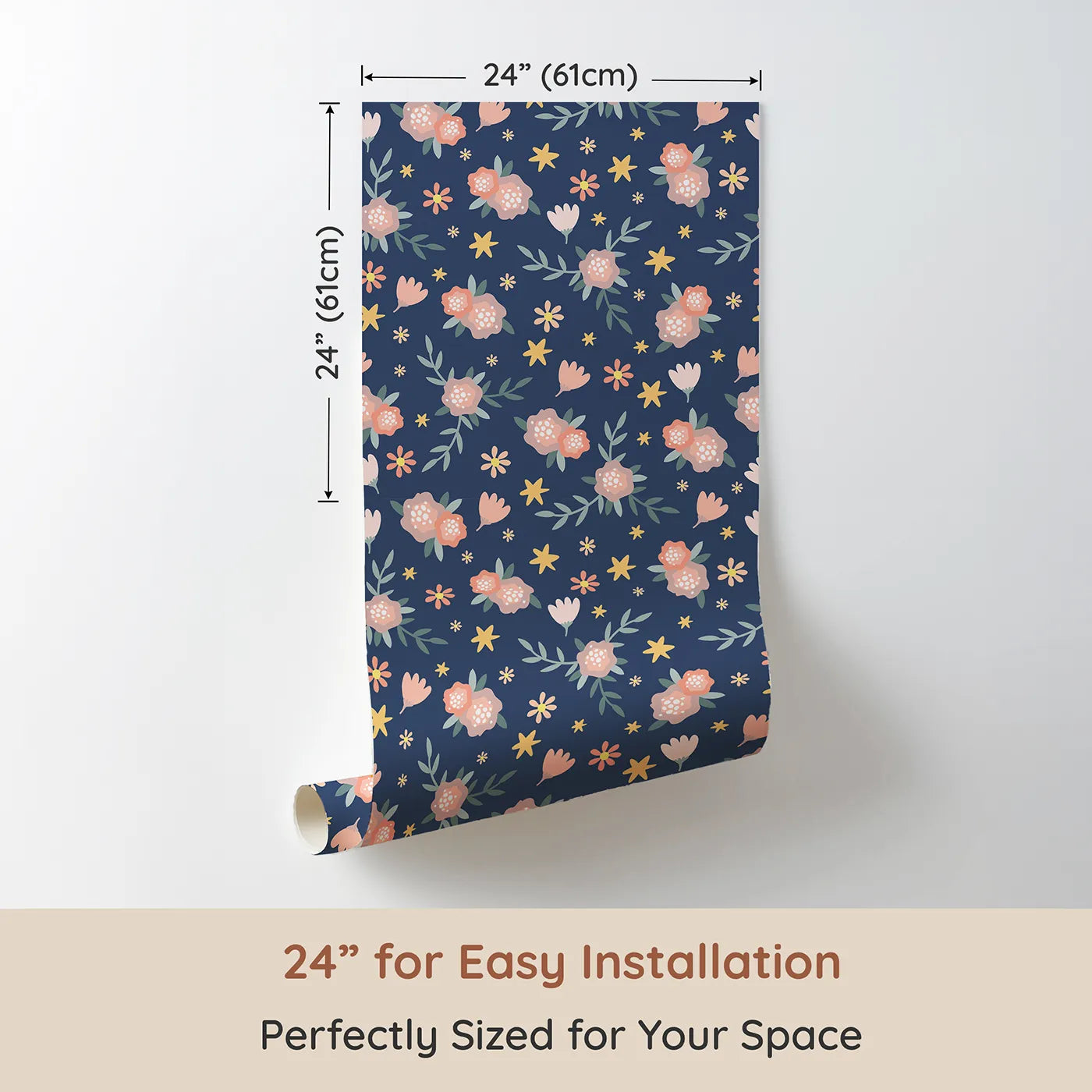 Dimension view of Whimsy Tots Twilight Garden Whimsy Wallpaper in Starry Blue (W3123C). Printed in 24-inch-wide panel for easy installation. Soft florals and golden stars shimmer across a dusky blue sky.