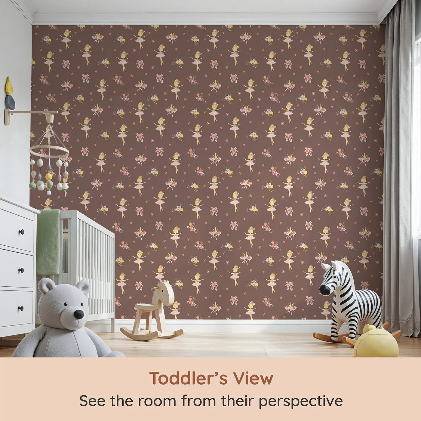 Whimsy Tots Blush Ballerina Dreams Wallpaper Pink (W3124A) from your child's view.Graceful ballerinas and crowns float across a cocoa-blush sky.