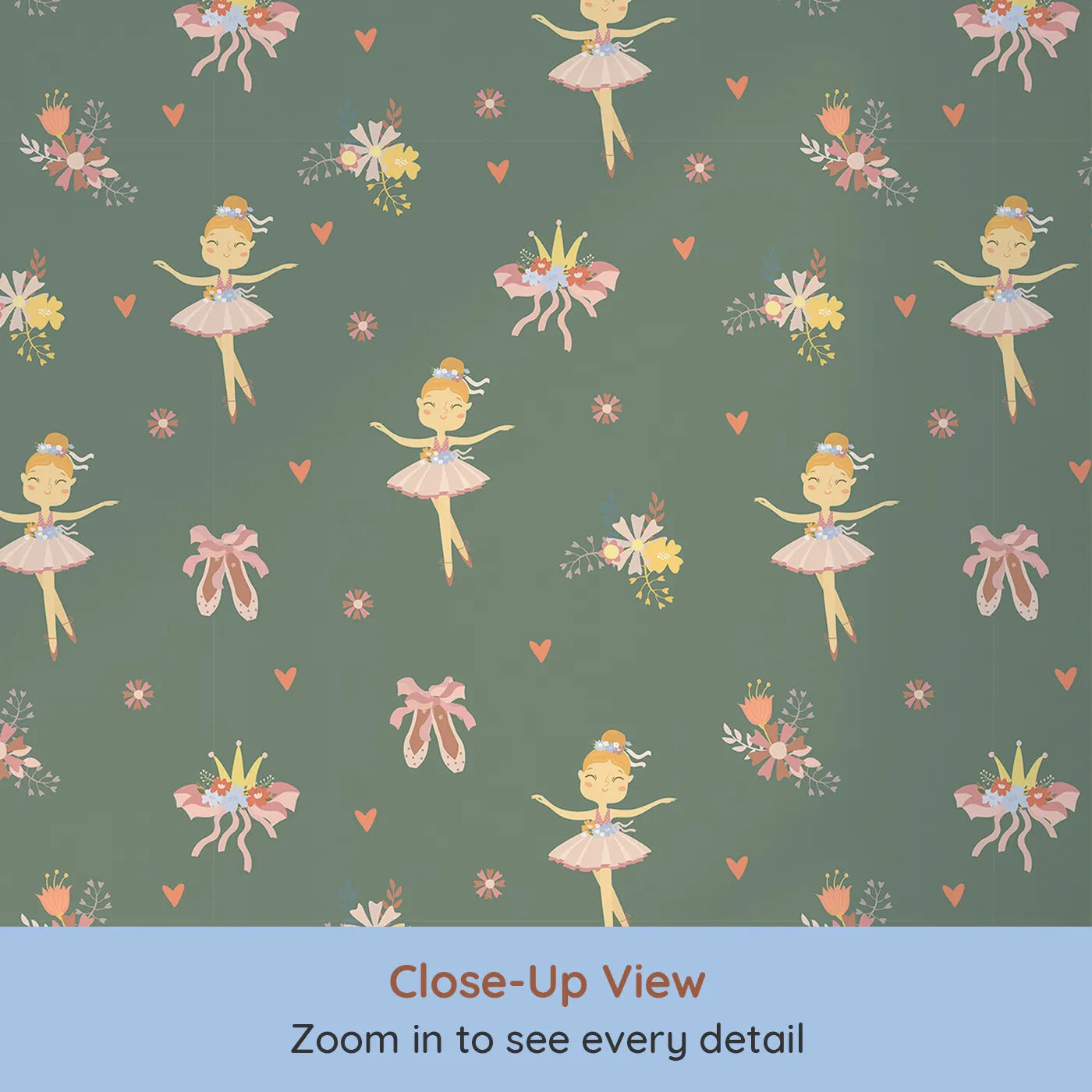 Close-up view of Whimsy Tots' Blush Ballerina Dreams Wallpaper in Forest Waltz Green (W3124B).Tutus and crowns pirouette across a soft mossy green scene.
