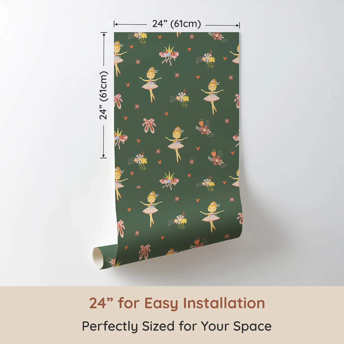 Dimension view of Whimsy Tots Blush Ballerina Dreams Wallpaper in Forest Waltz Green (W3124B). Printed in 24-inch-wide panel for easy installation. Tutus and crowns pirouette across a soft mossy green scene.