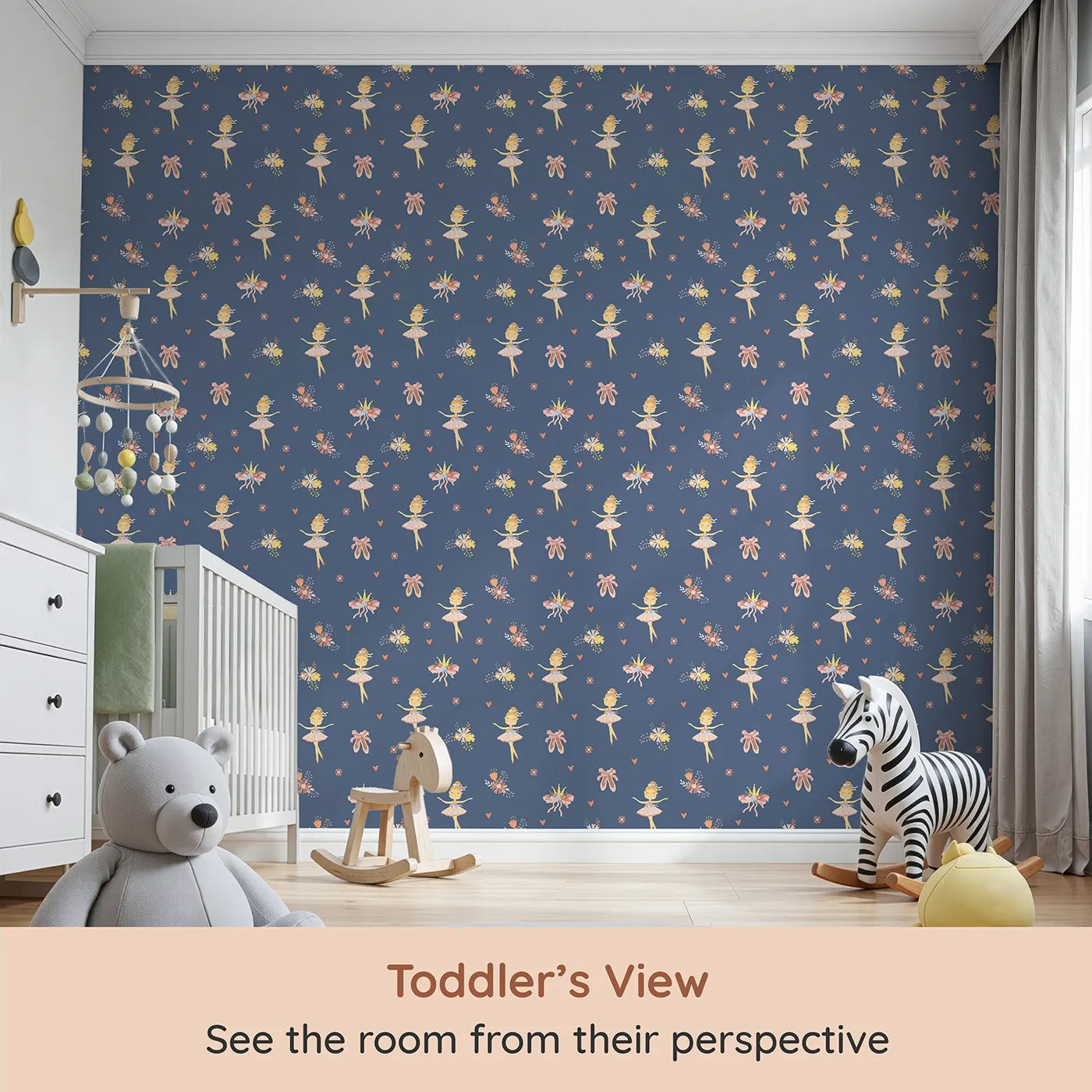 Whimsy Tots Blush Ballerina Dreams Wallpaper in Starlight Stage (W3124C) from your child's view.Soft tutus and crowns glide across a moonlit navy backdrop.